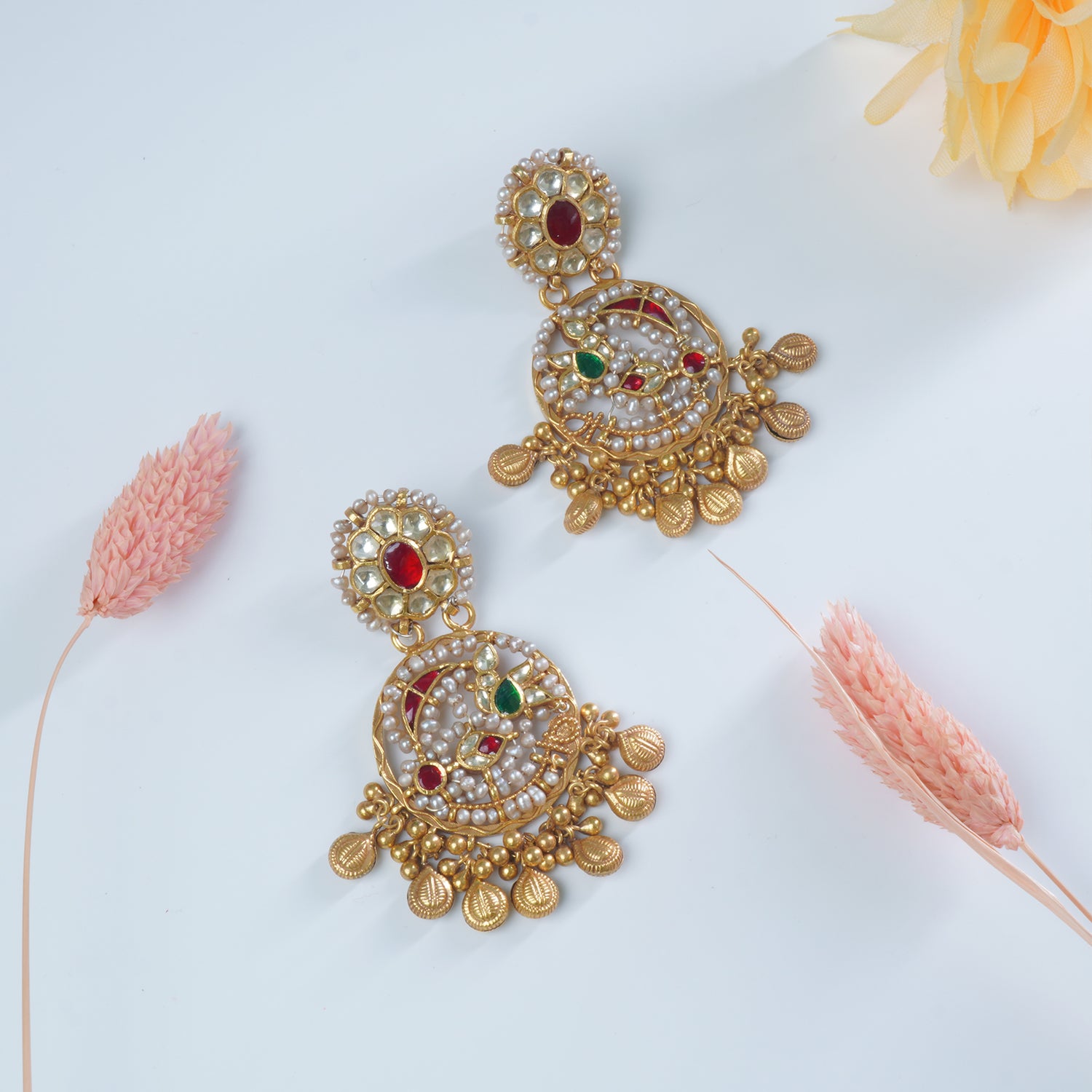 Silver Gold Plated Jadau Kundan Jhumka Peacock Pearl