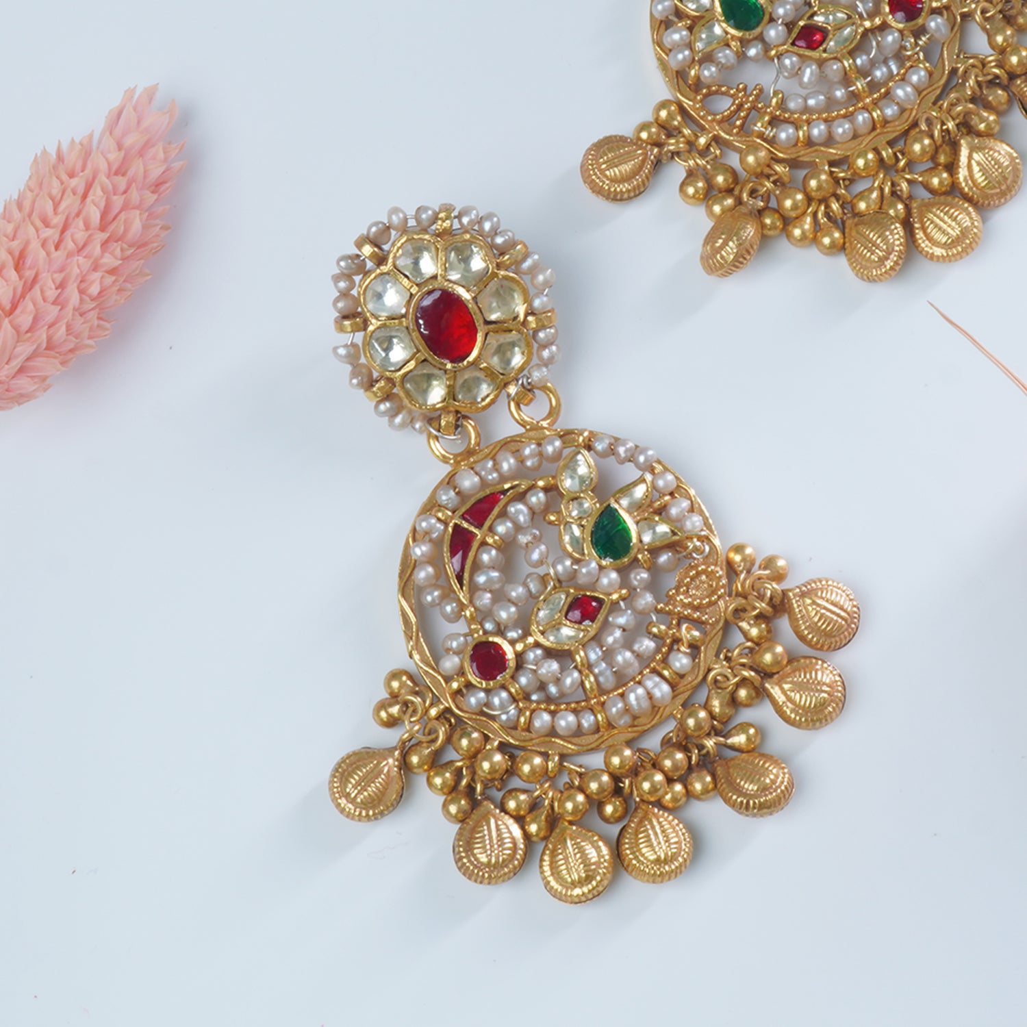 Silver Gold Plated Jadau Kundan Jhumka Peacock Pearl