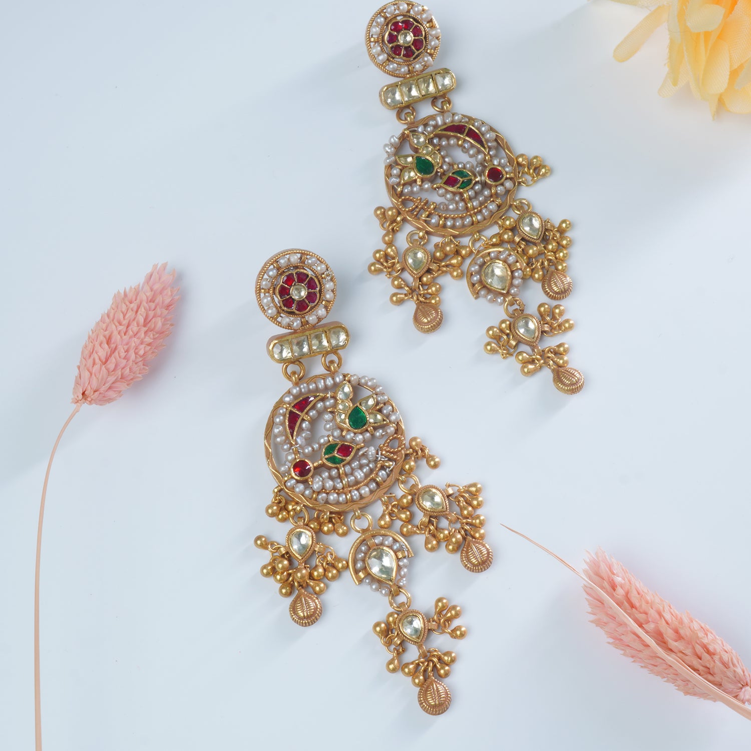 Silver Gold Plated Jadau Kundan Jhumka Peacock With Pearls