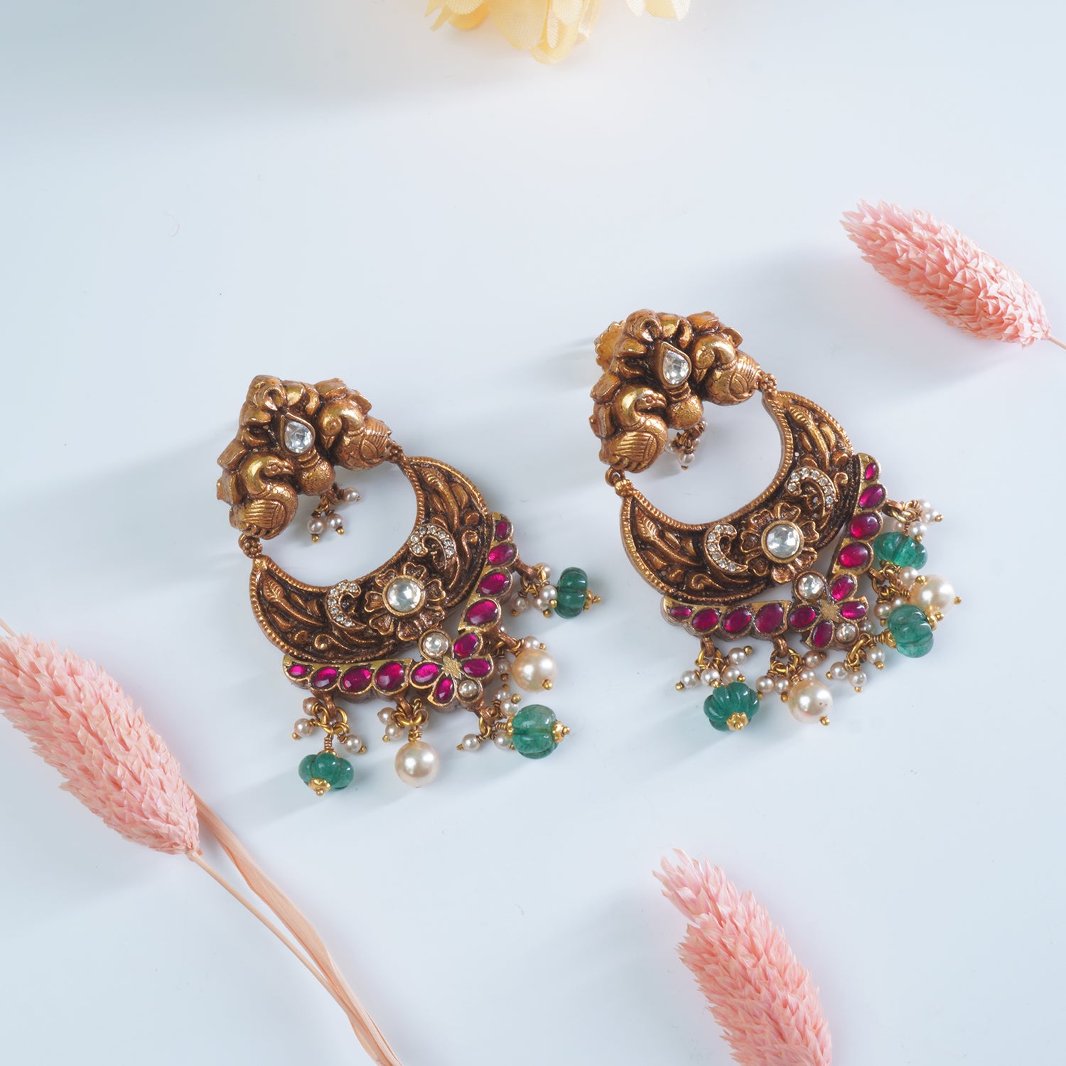 Silver Antique Gold Plated Kundan Chandbali With Peacocks