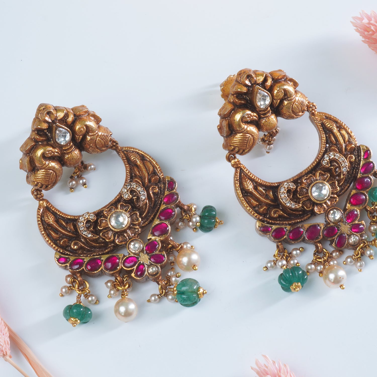 Silver Antique Gold Plated Kundan Chandbali With Peacocks