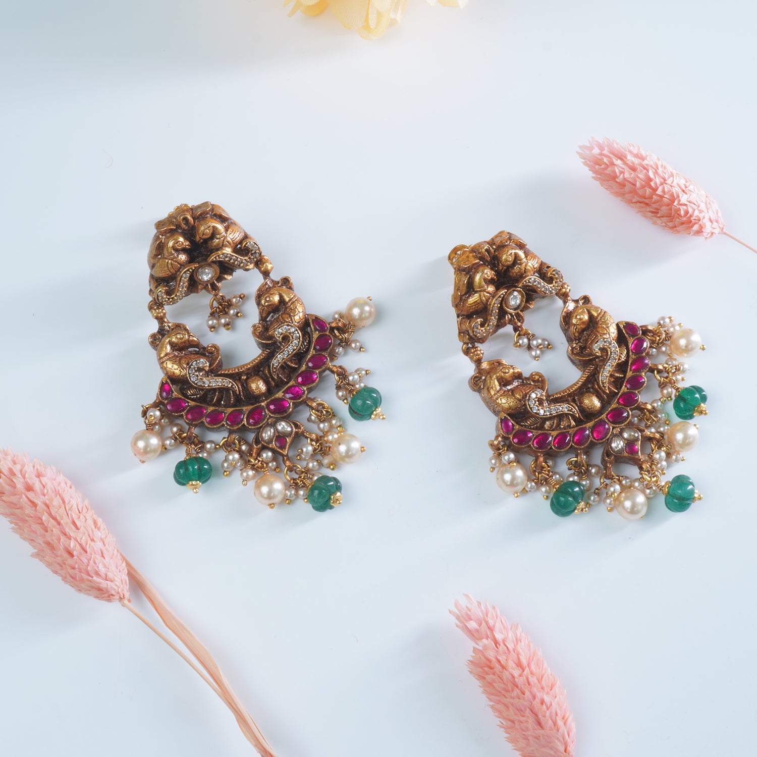 Silver Antique Gold Plated Kundan Chandbali With Peacock Designs