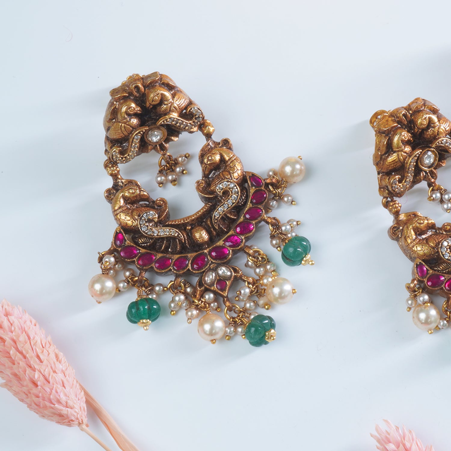 Silver Antique Gold Plated Kundan Chandbali With Peacock Designs