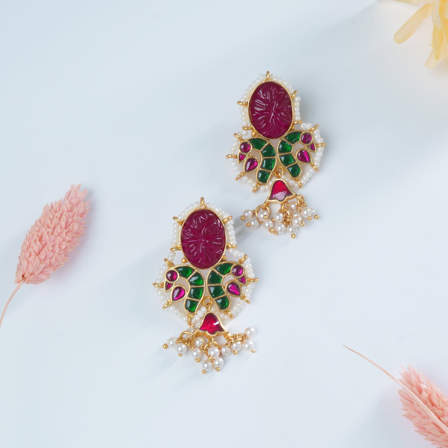 Silver Gold Plated Jadau Kundan Carving Peacock