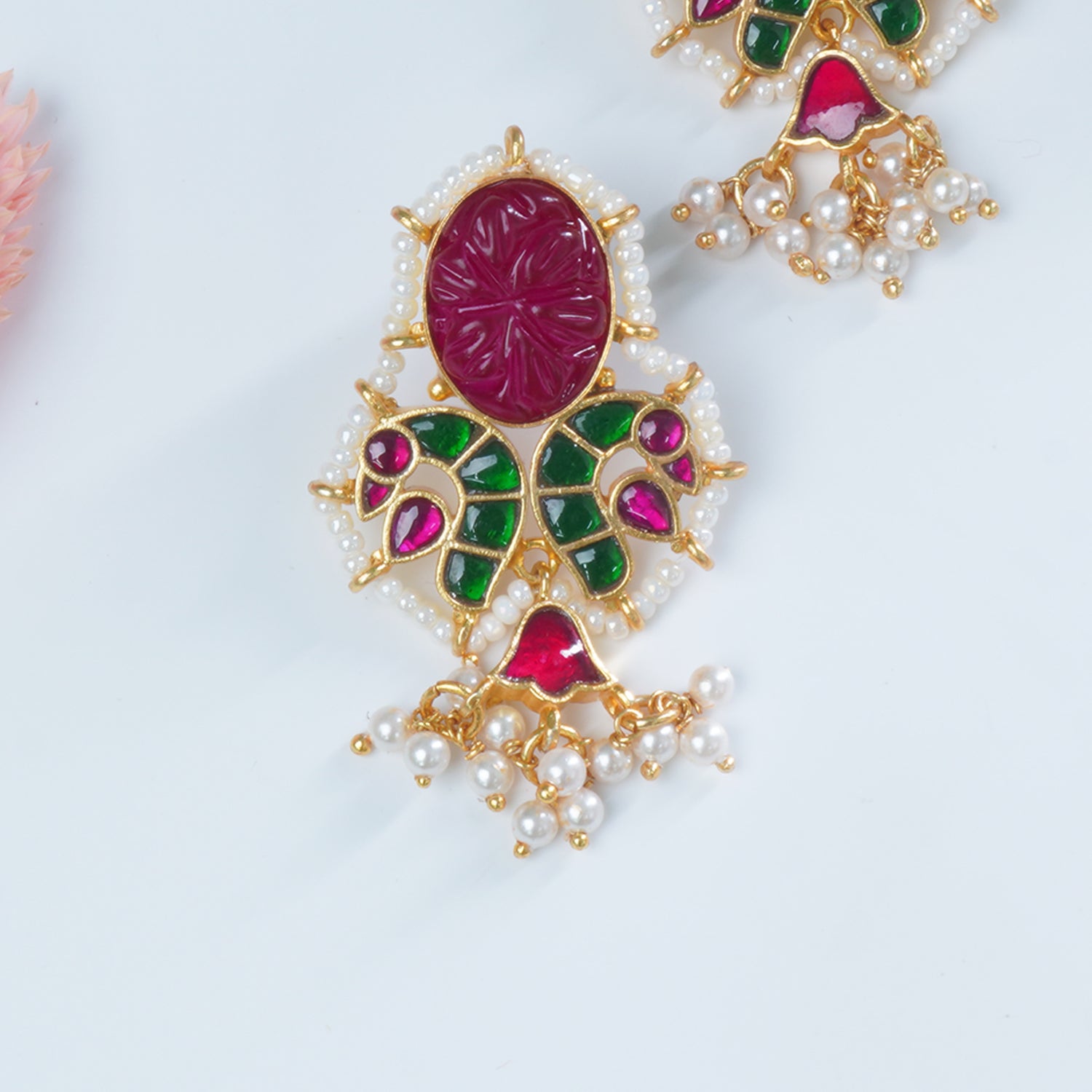 Silver Gold Plated Jadau Kundan Carving Peacock