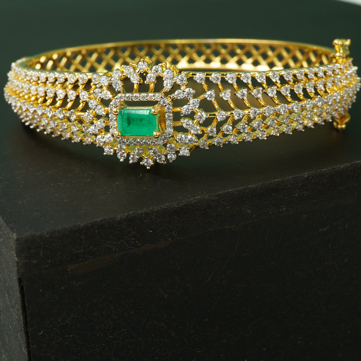 Silver Openable AD Stone Bangles With Enchanting Green Stone