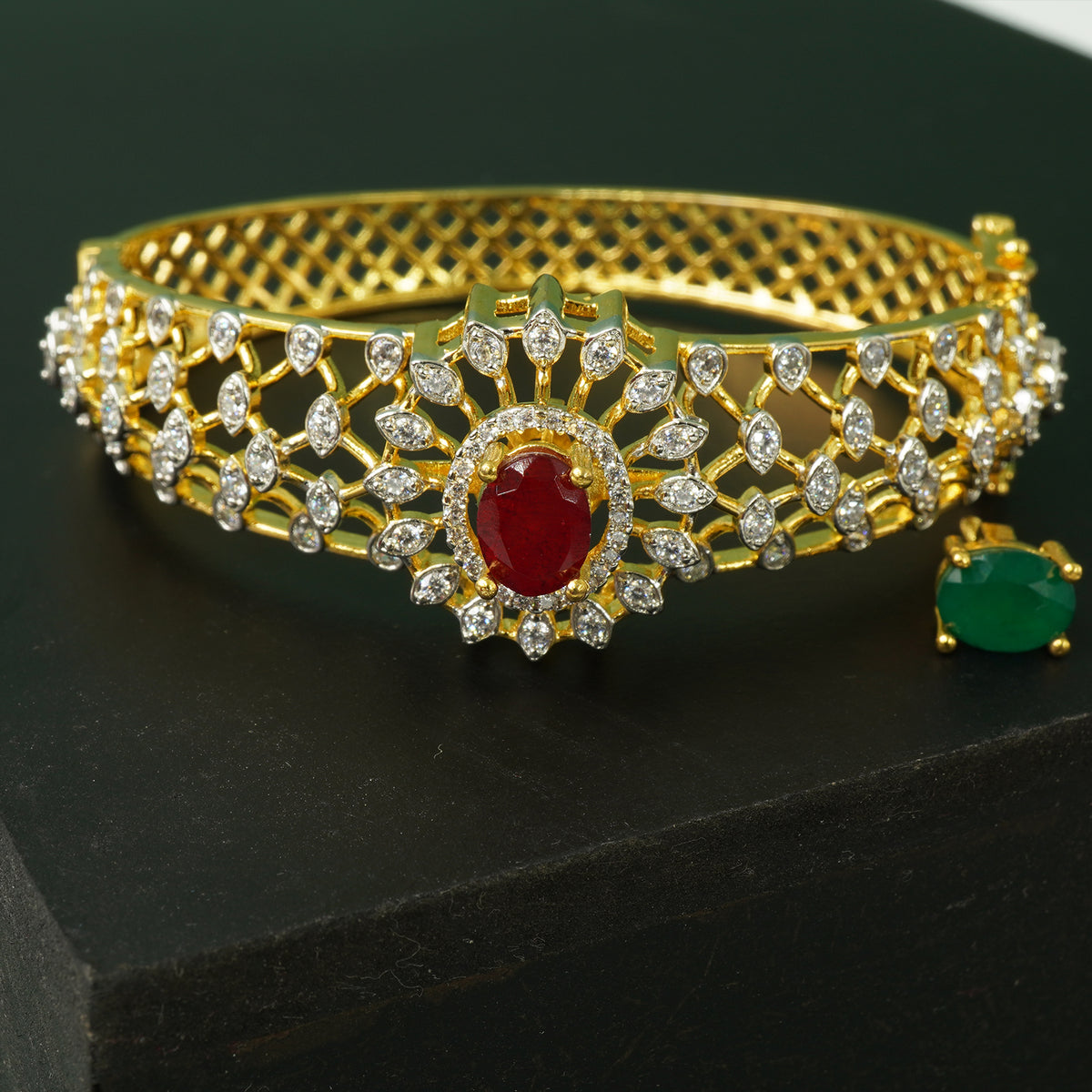 Silver Openable AD Stone Bangles With Rich Red Stone (With Changeable Stone Option)