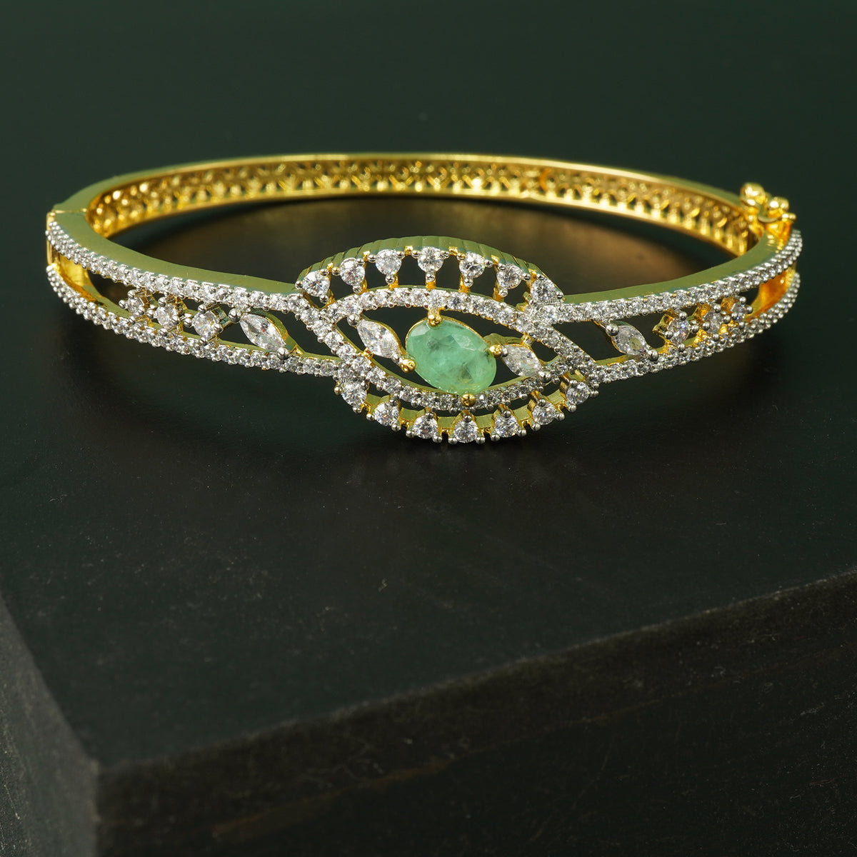 Silver Openable AD Stone Bangles With Green Emrald Stone