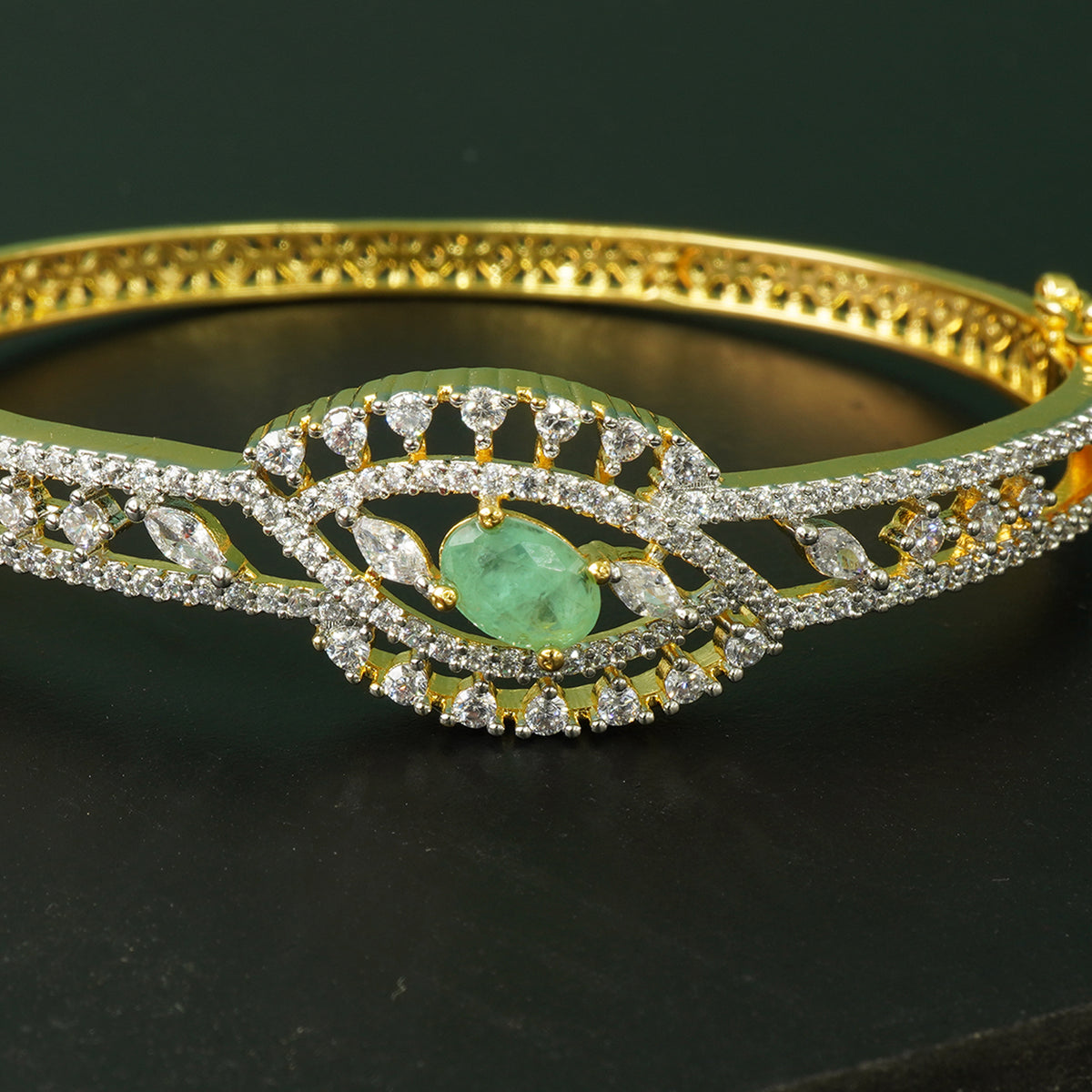 Silver Openable AD Stone Bangles With Green Emrald Stone