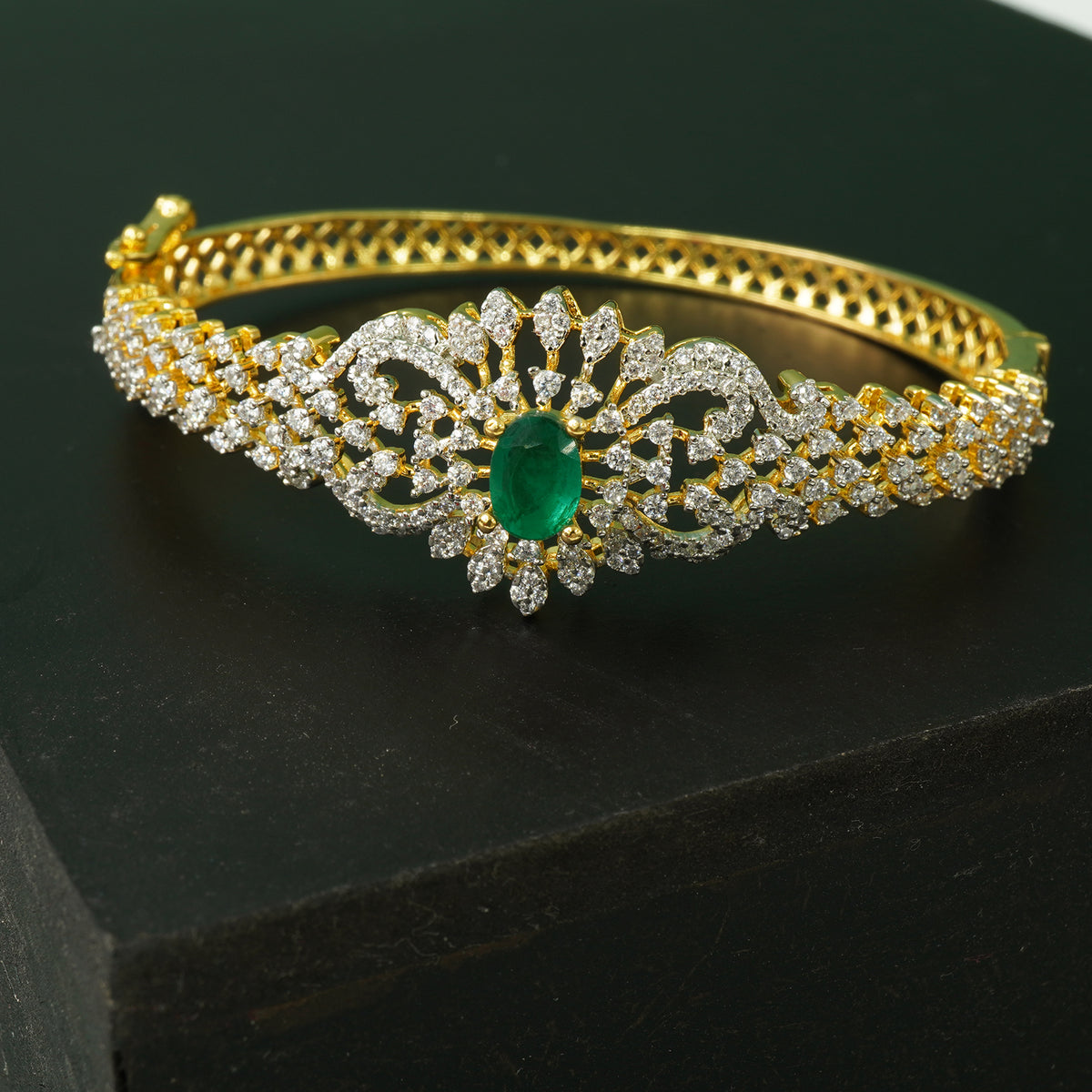 Silver Openable AD Stone Bangles With Green Queen Stone