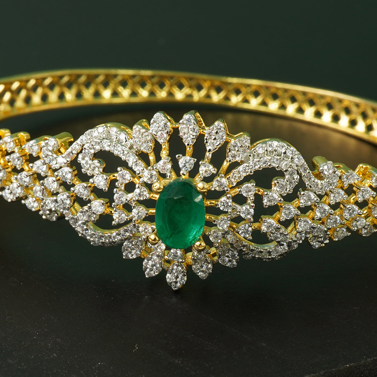 Silver Openable AD Stone Bangles With Green Queen Stone