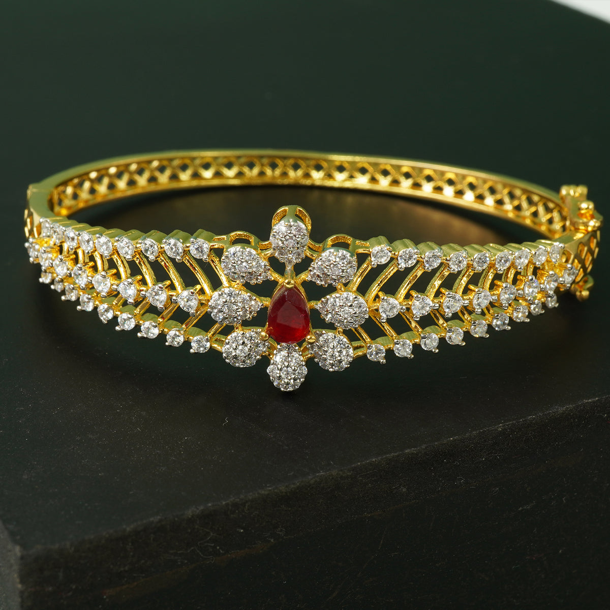 Silver Openable AD Stone Bangles With Red Stones