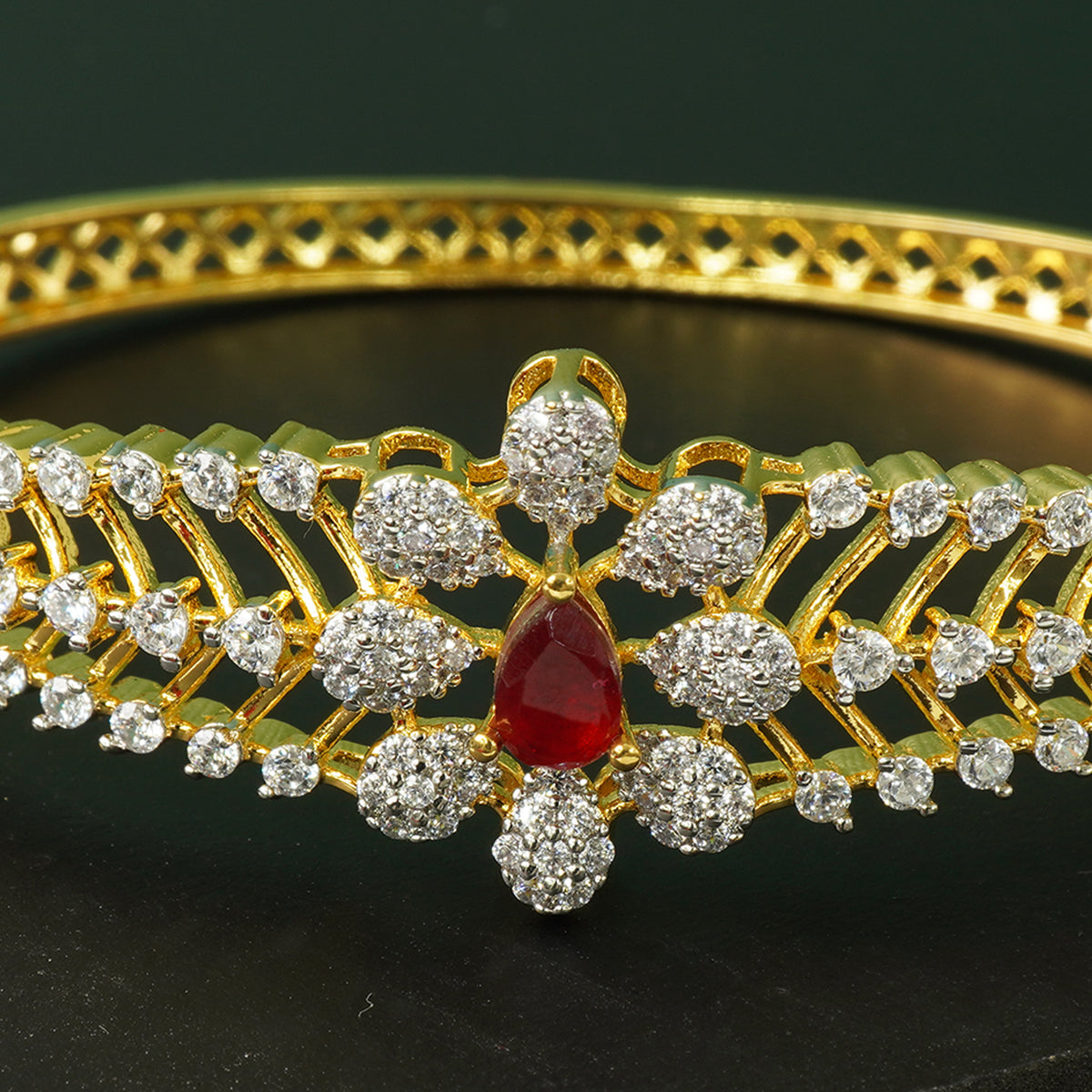 Silver Openable AD Stone Bangles With Red Stones
