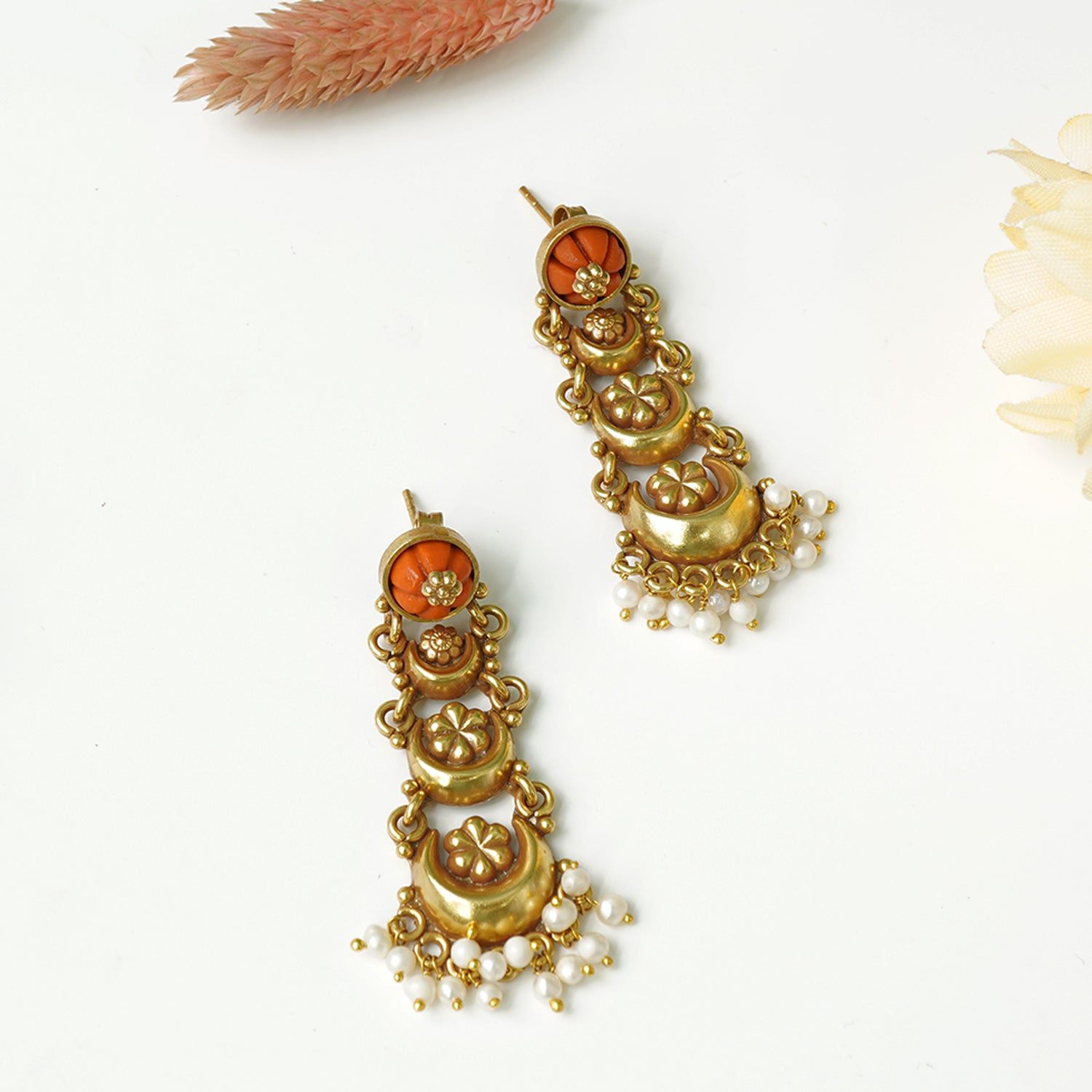 Buy Pure 925 Silver Antique Gold Plated Chandrakor Earrings With Coral