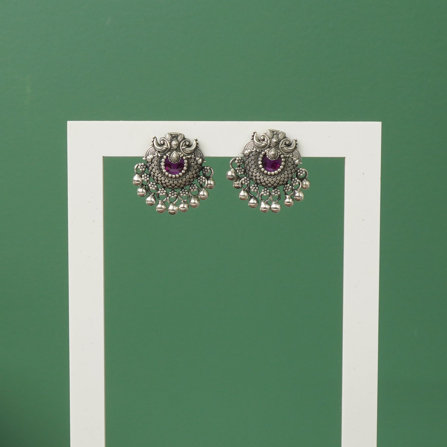 Silver Peacock Earrings - Traditional Earrings With Red Stones And Ghungroos