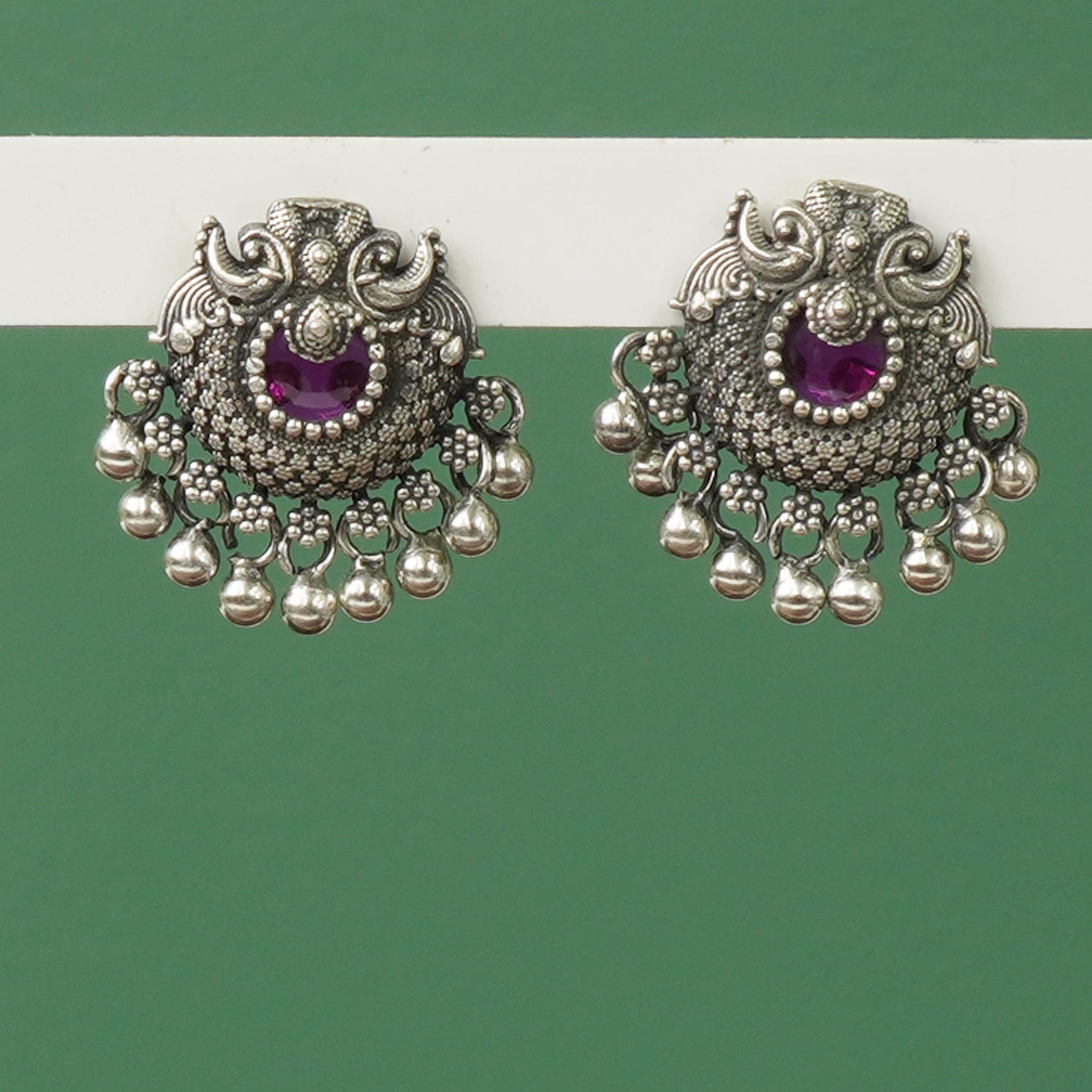 Silver Peacock Earrings - Traditional Earrings With Red Stones And Ghungroos