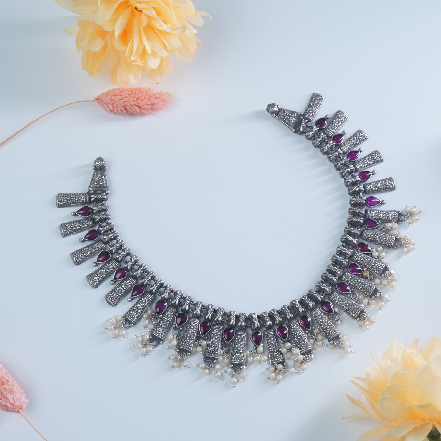 Pure 925 Silver Necklace Design With Hand Chattai Work