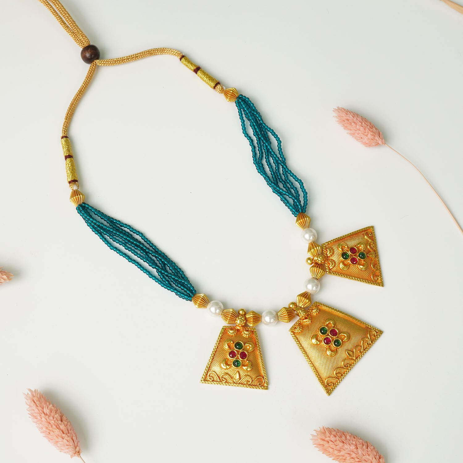 Pure 925 Silver Gheru Gold Plated Blue Beads Tribal Necklace