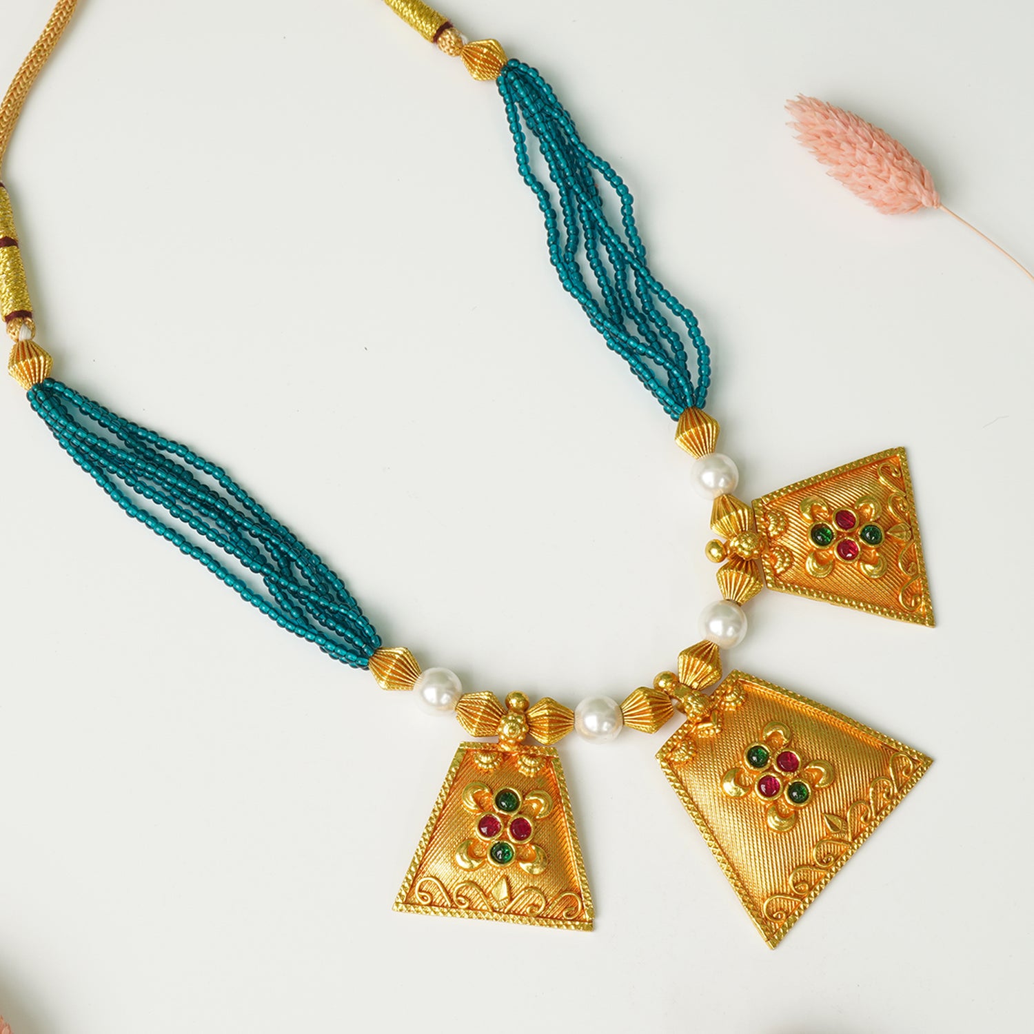 Pure 925 Silver Gheru Gold Plated Blue Beads Tribal Necklace