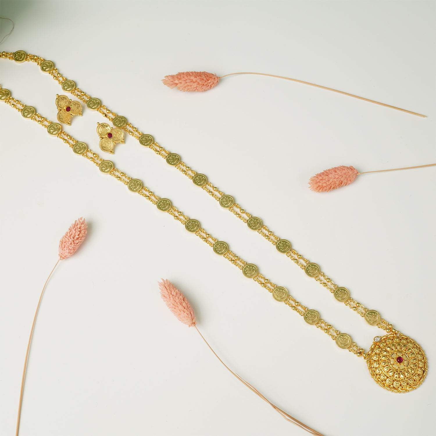 Pure 925 Silver Gold Plated Laxmi Haar Necklace With Earrings