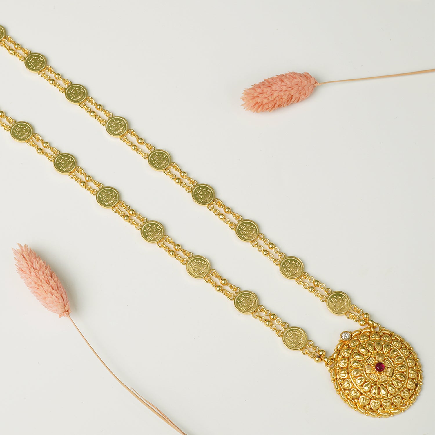 Pure 925 Silver Gold Plated Laxmi Haar Necklace With Earrings