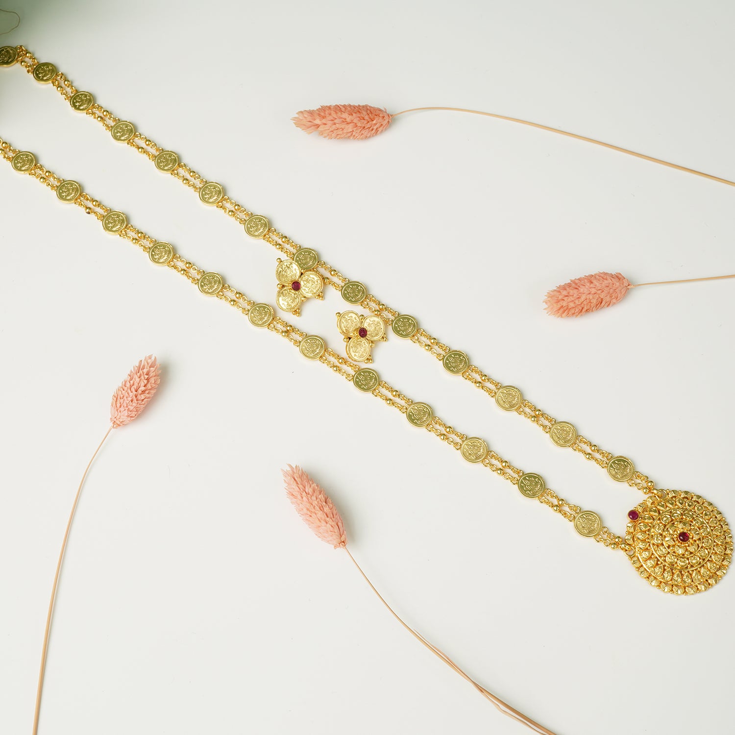 Pure 925 Silver Gold Plated Laxmi Haar Flower Pendant With Earrings