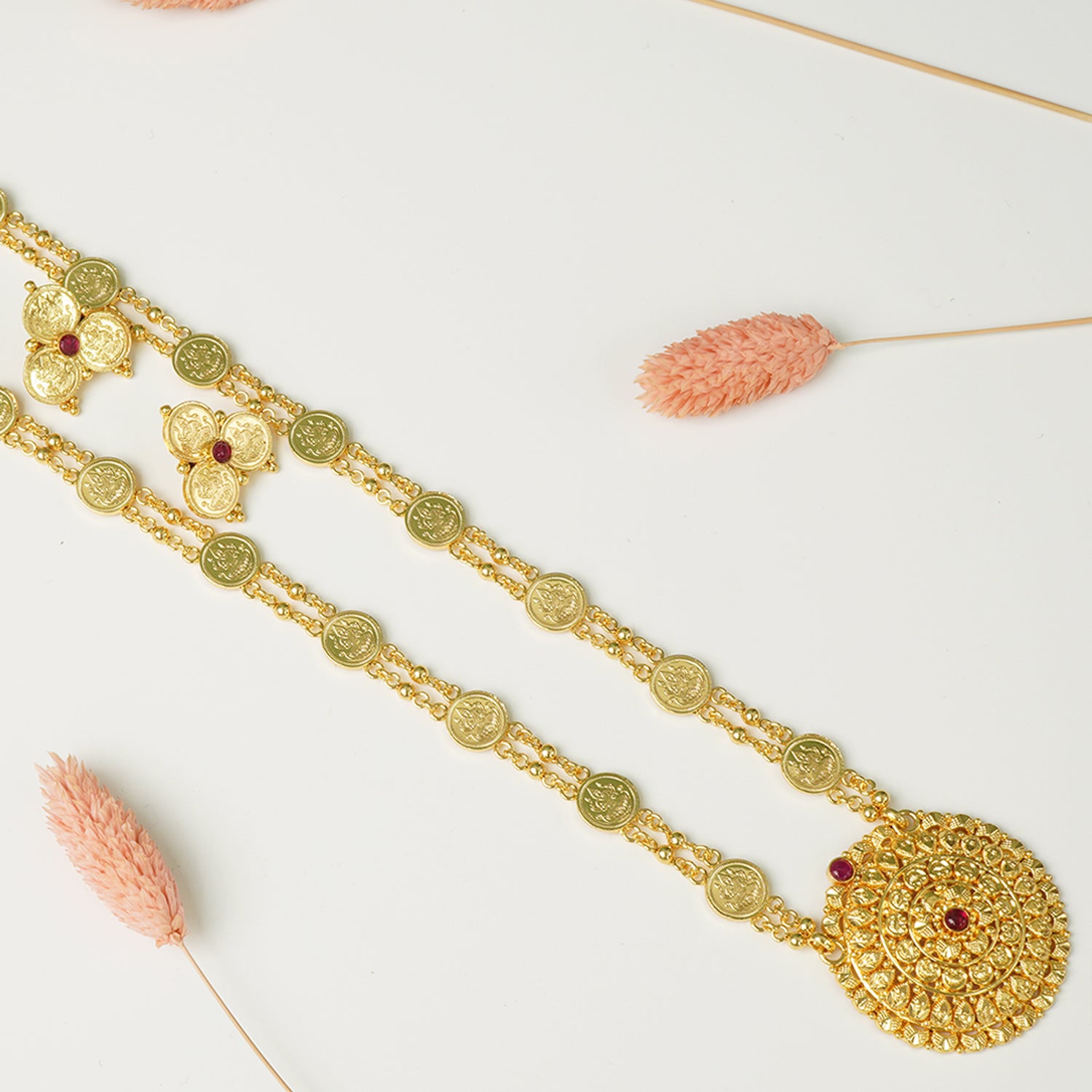 Pure 925 Silver Gold Plated Laxmi Haar Flower Pendant With Earrings