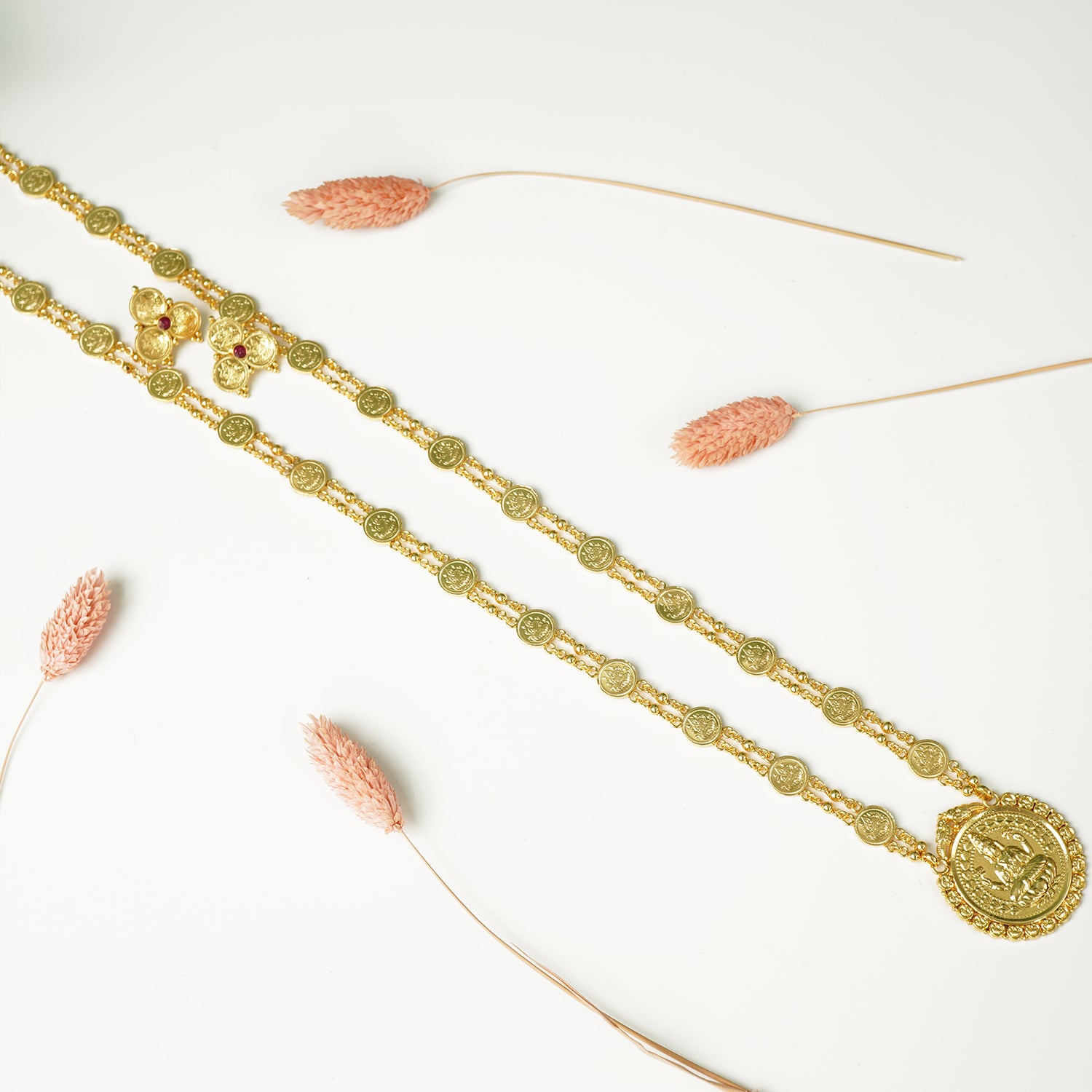 Pure 925 Silver Gold Plated Laxmi Haar With Laxmi Pendant With Earrings