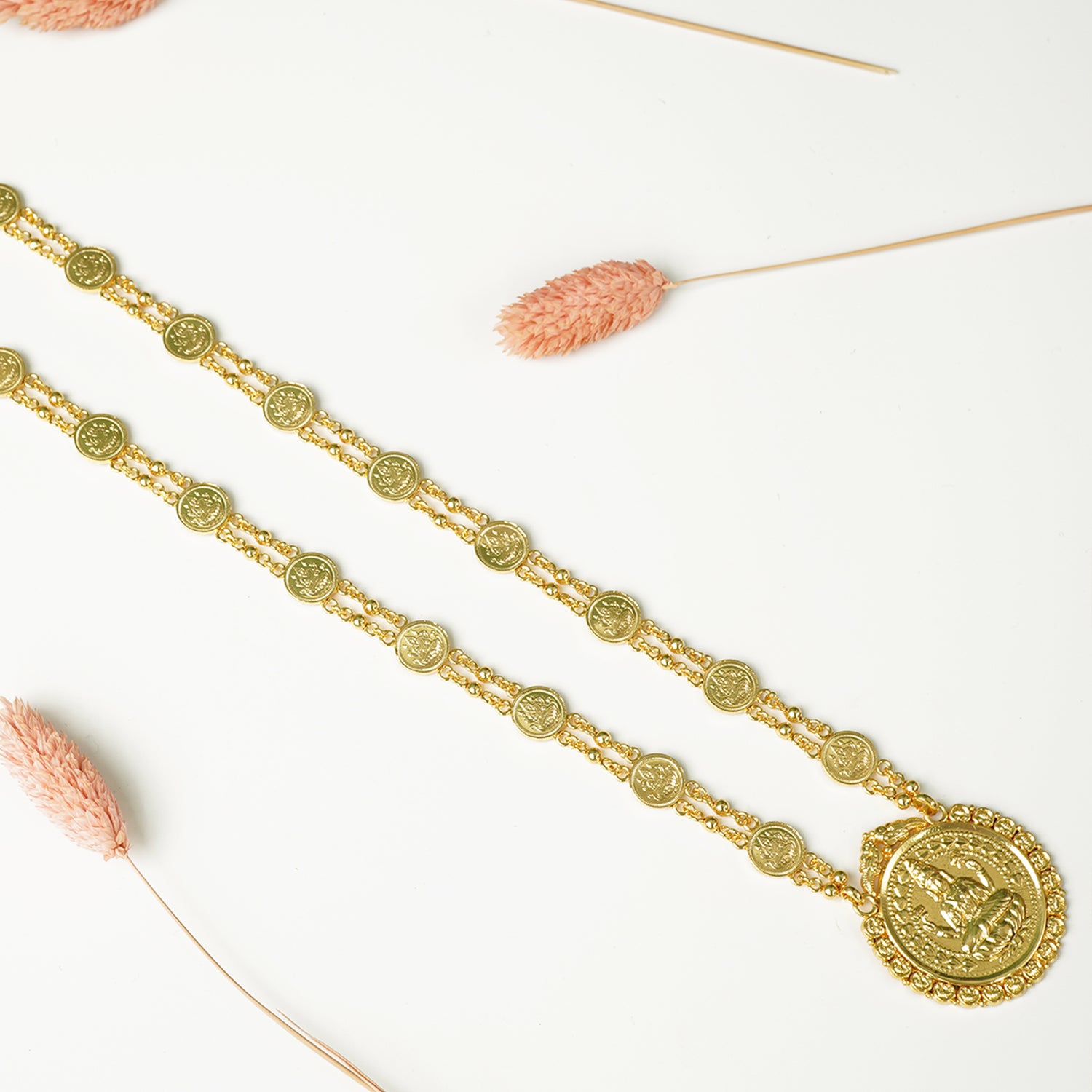 Pure 925 Silver Gold Plated Laxmi Haar With Laxmi Pendant With Earrings