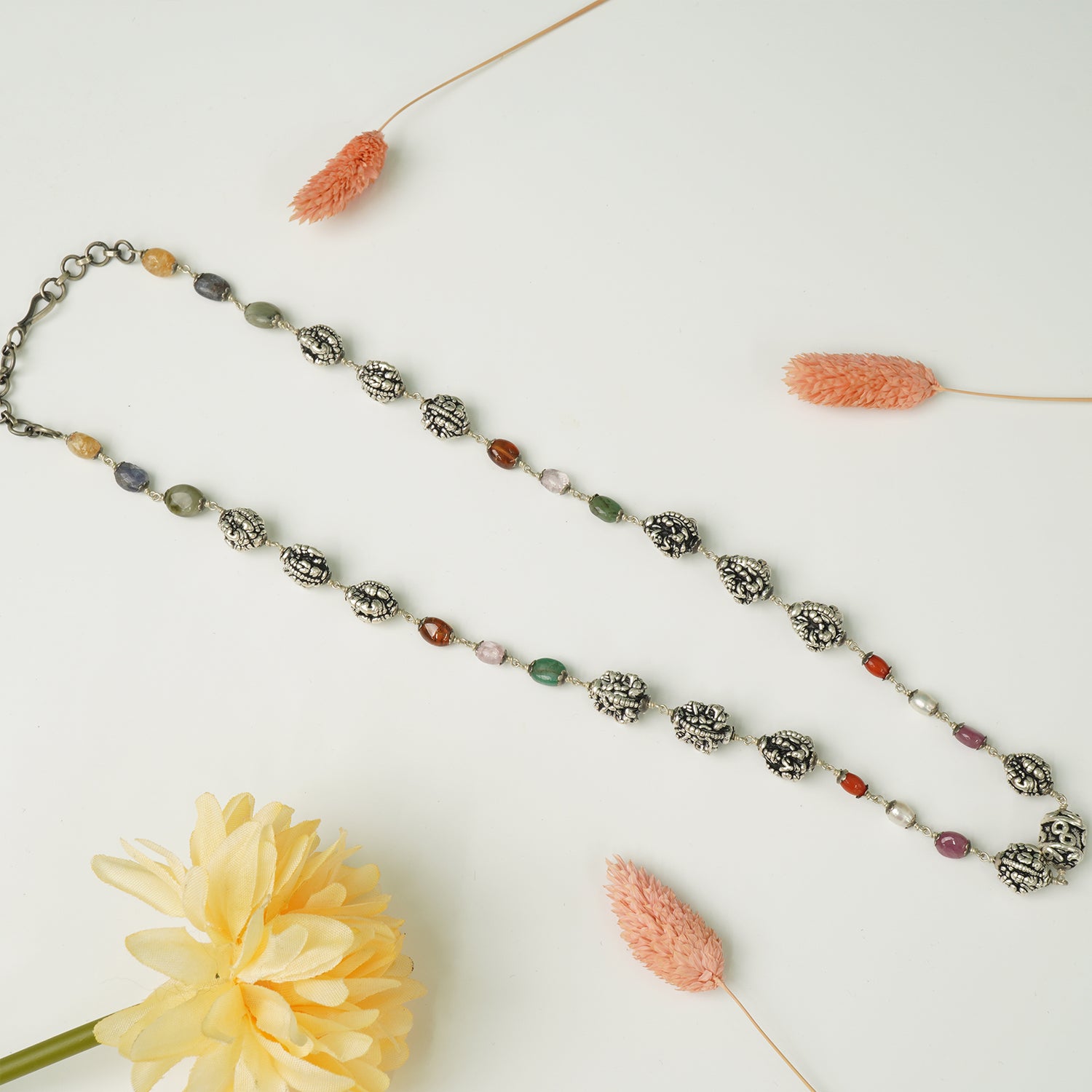 Pure 925 Silver Long Beaded Mala Necklace for Traditional Styling