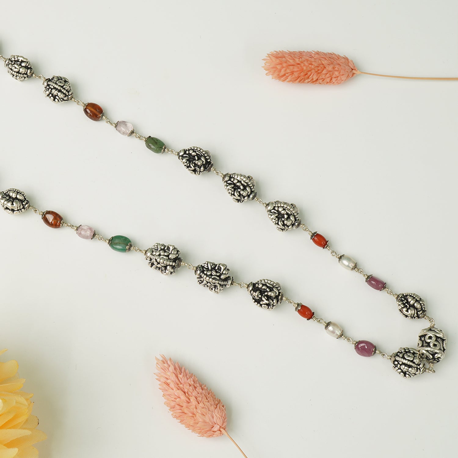 Pure 925 Silver Long Beaded Mala Necklace for Traditional Styling