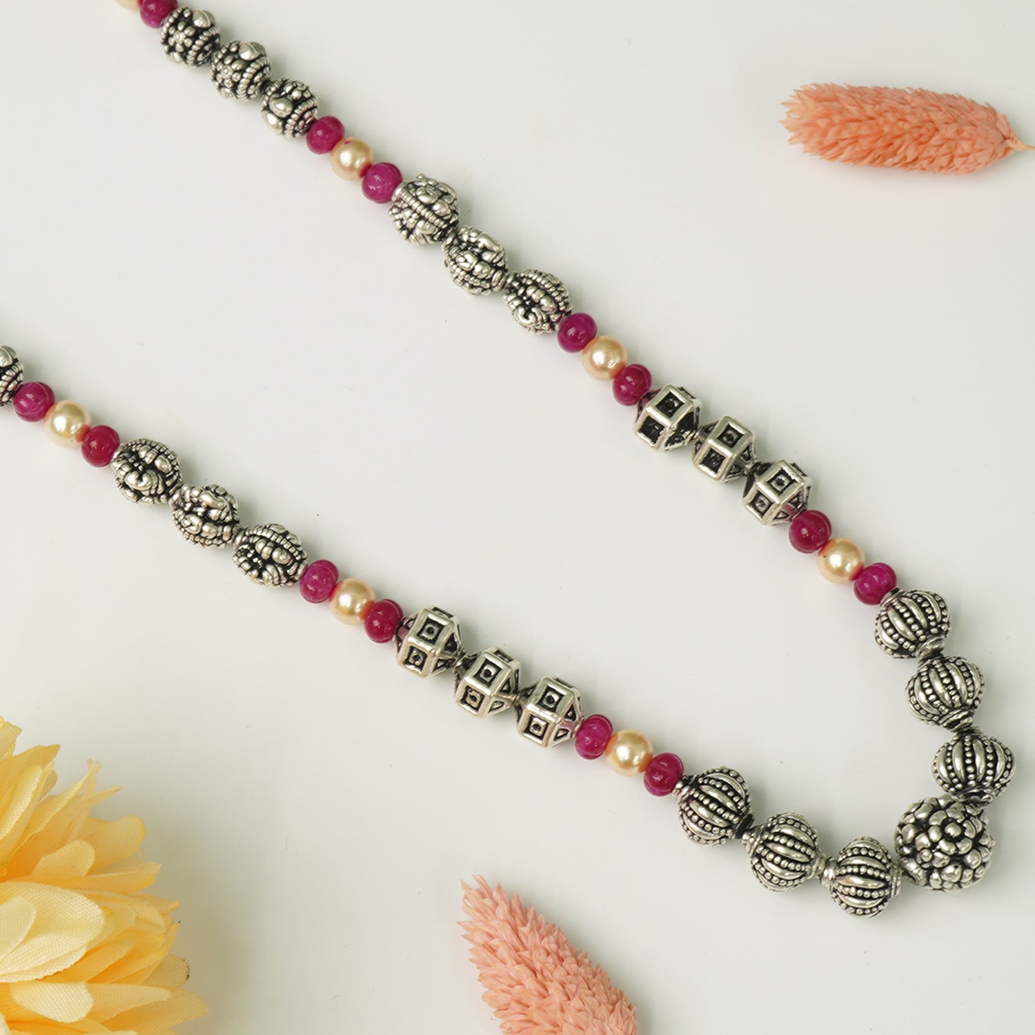 Traditional Long Silver Mala Necklace with Yellow Pearl & Glass Strawberry Beads