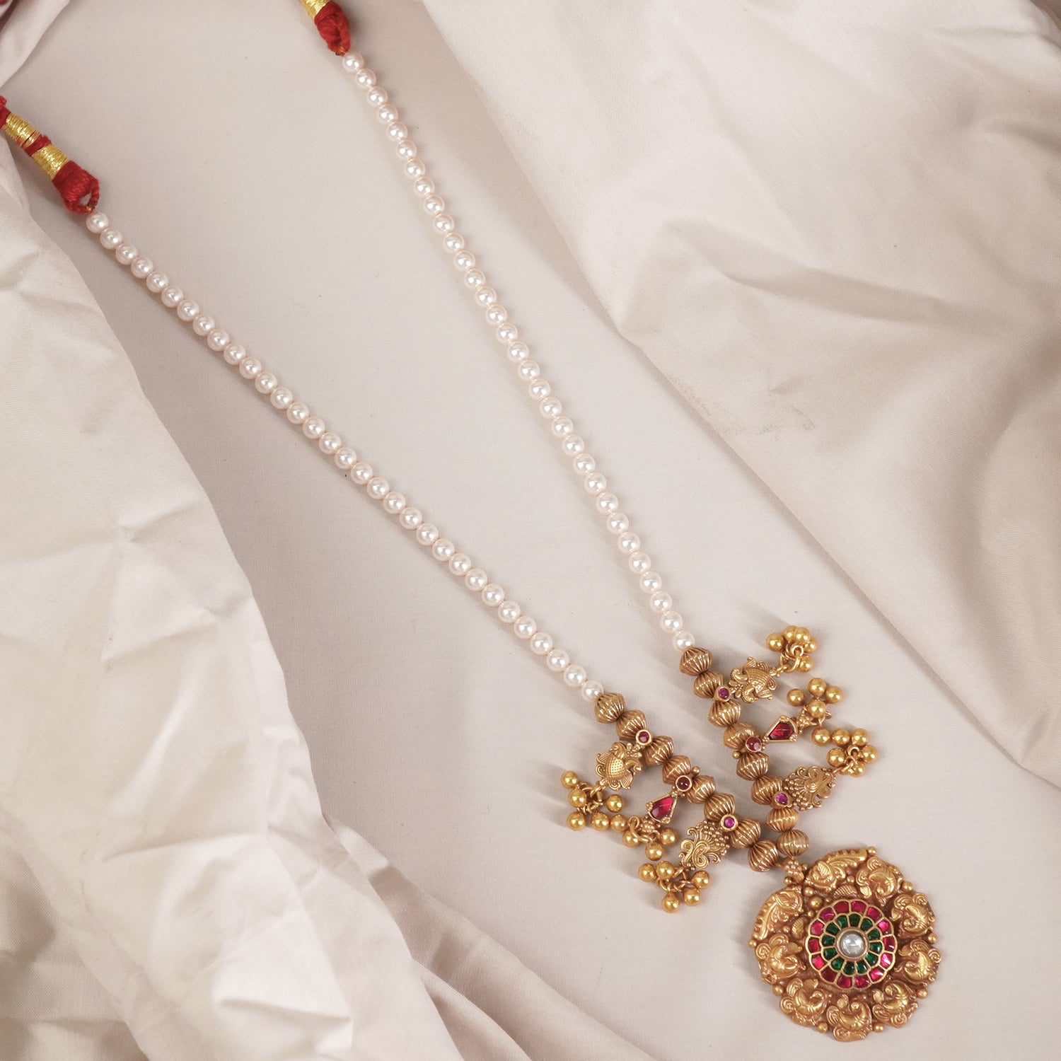 Long Moti Mala With Silver Gold Plated Pieces