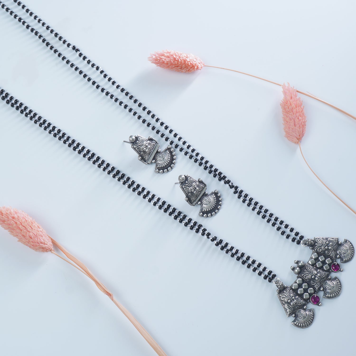 Long Silver Chain Mangalsutra 28" KirthiMukh Jointing Pendant With Earrings