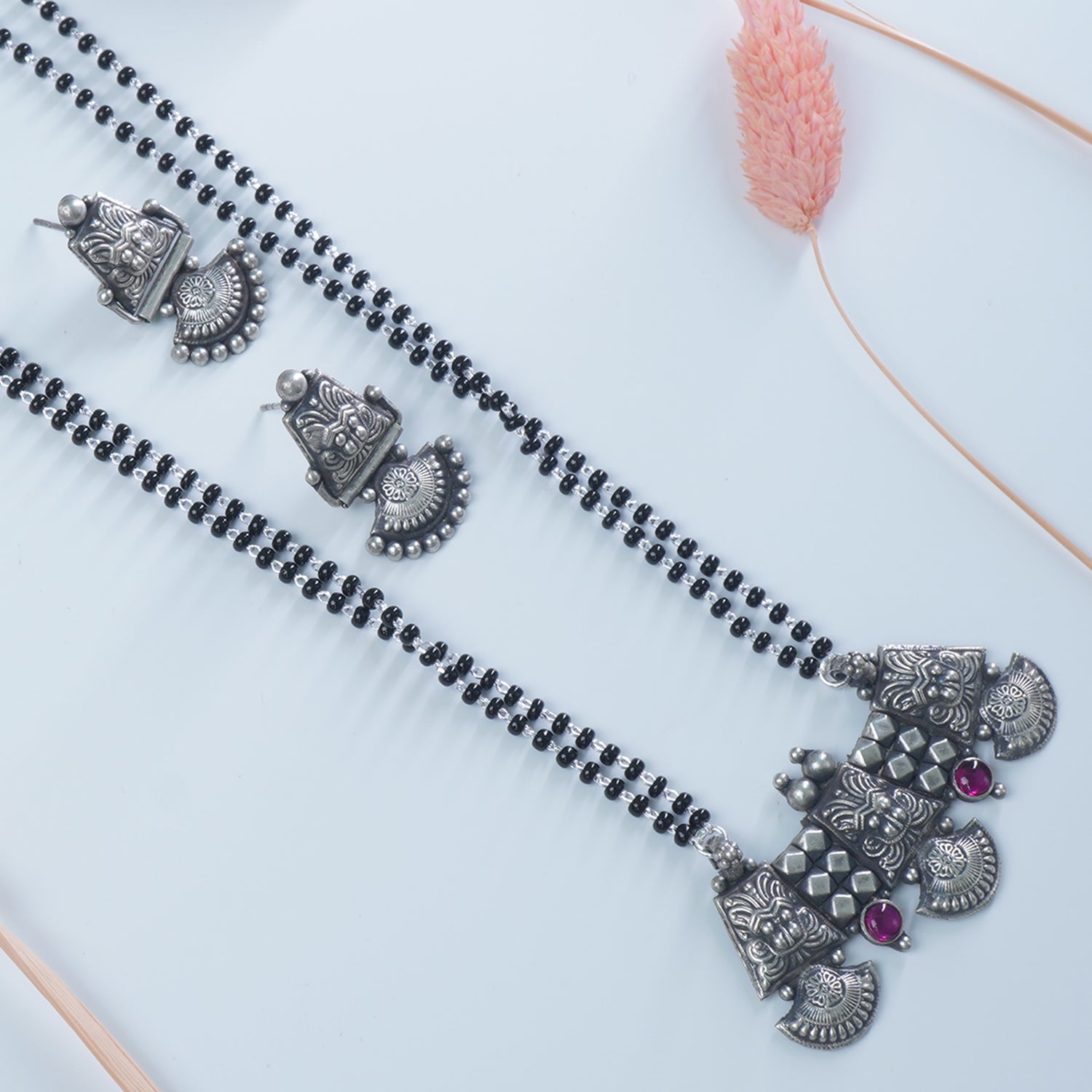 Long Silver Chain Mangalsutra 28" KirthiMukh Jointing Pendant With Earrings