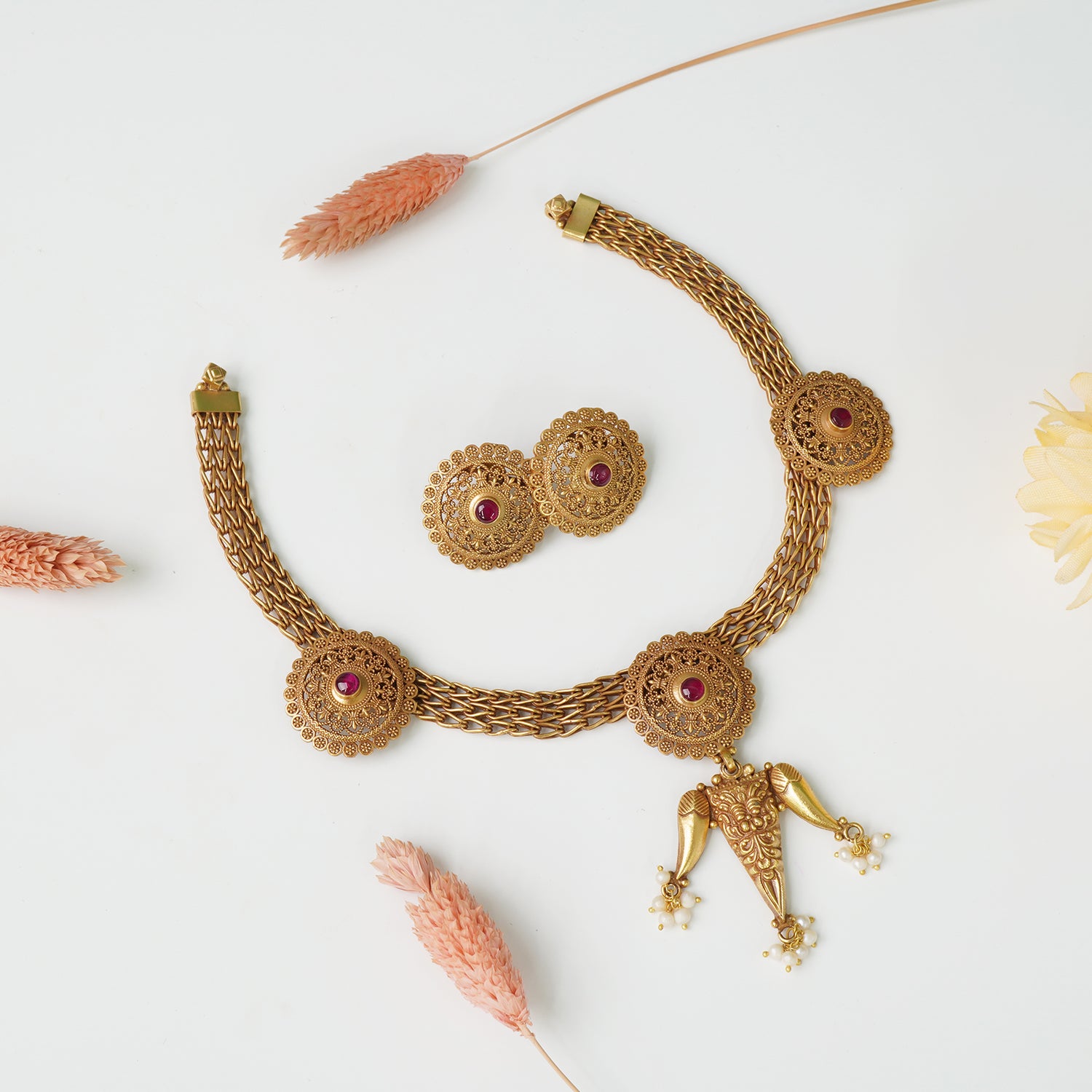 Pure 925 Silver Antique Gold Plated Chattai Necklace With Earrings