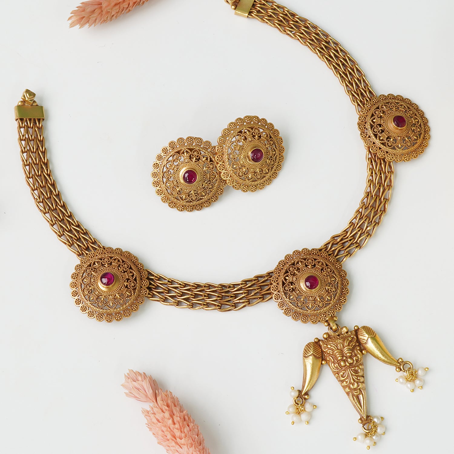 Pure 925 Silver Antique Gold Plated Chattai Necklace With Earrings