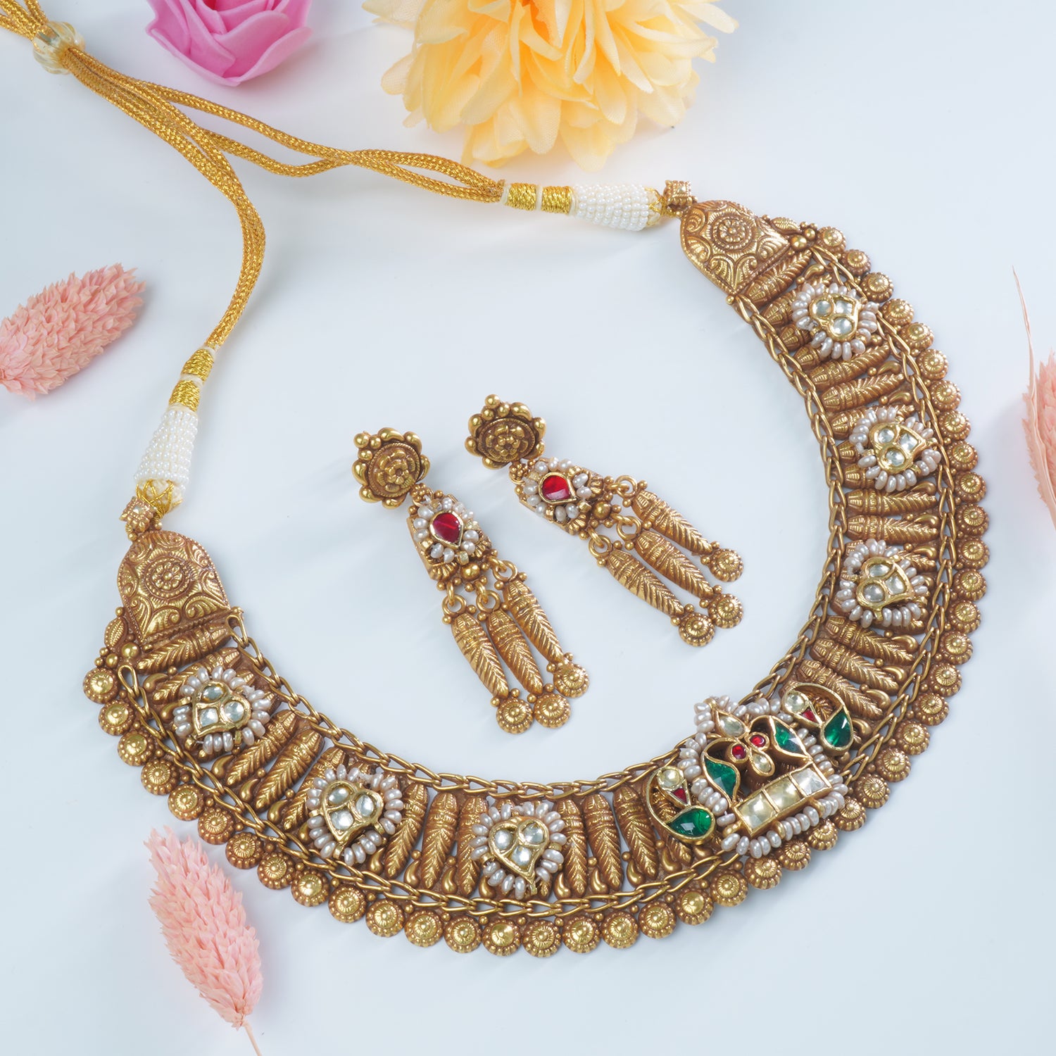Silver Gold Plated Jadau Kundan Necklace With An Enchating Silver Chattai With Earrings