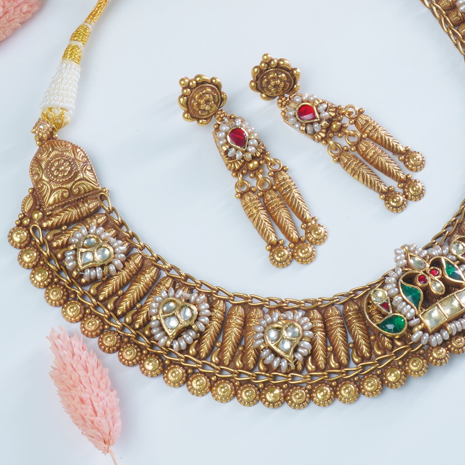 Silver Gold Plated Jadau Kundan Necklace With An Enchating Silver Chattai With Earrings