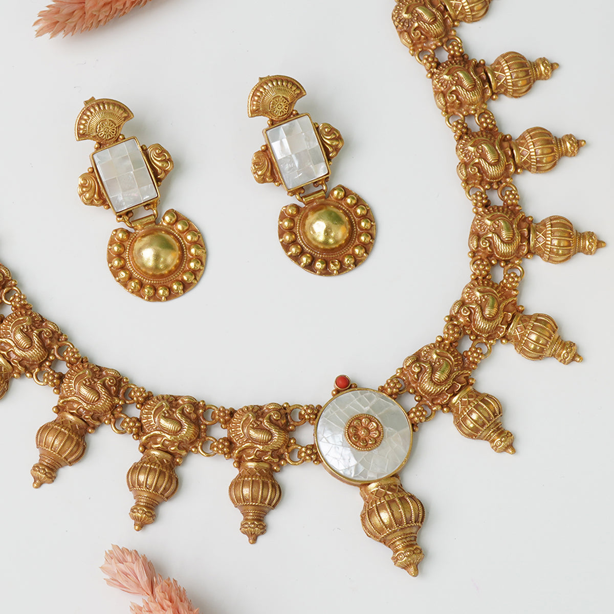 Pure 925 Silver Antique Gold Plated Peacock Necklace With Mother Of Pearl Stone