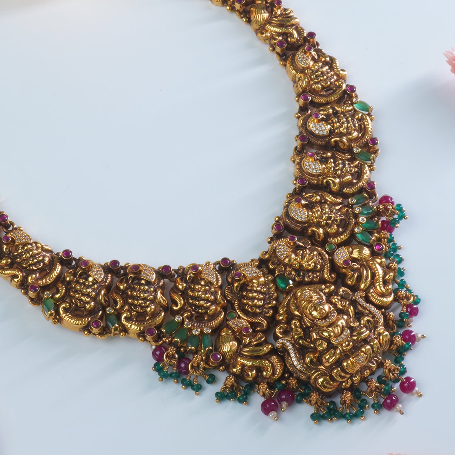Silver Gold Plated Antique Kundan Necklace With Stone Studded Peacocks