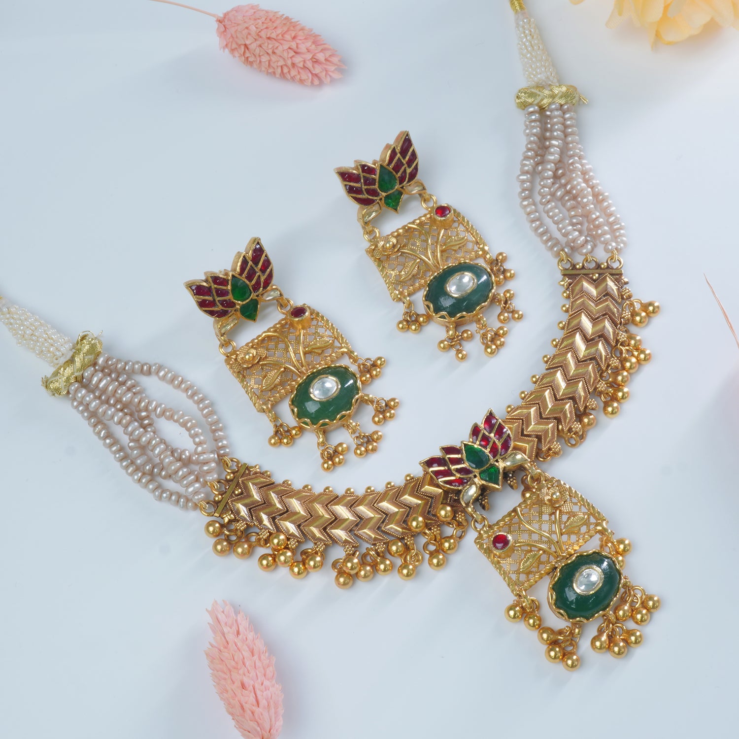 Silver Gold Plated Jadau Kundan Necklace With Earrings