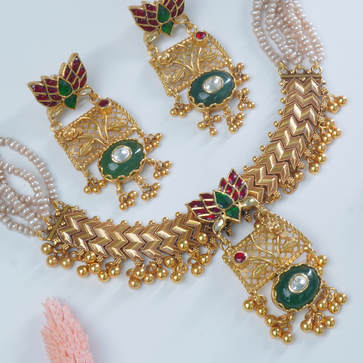 Silver Gold Plated Jadau Kundan Necklace With Earrings