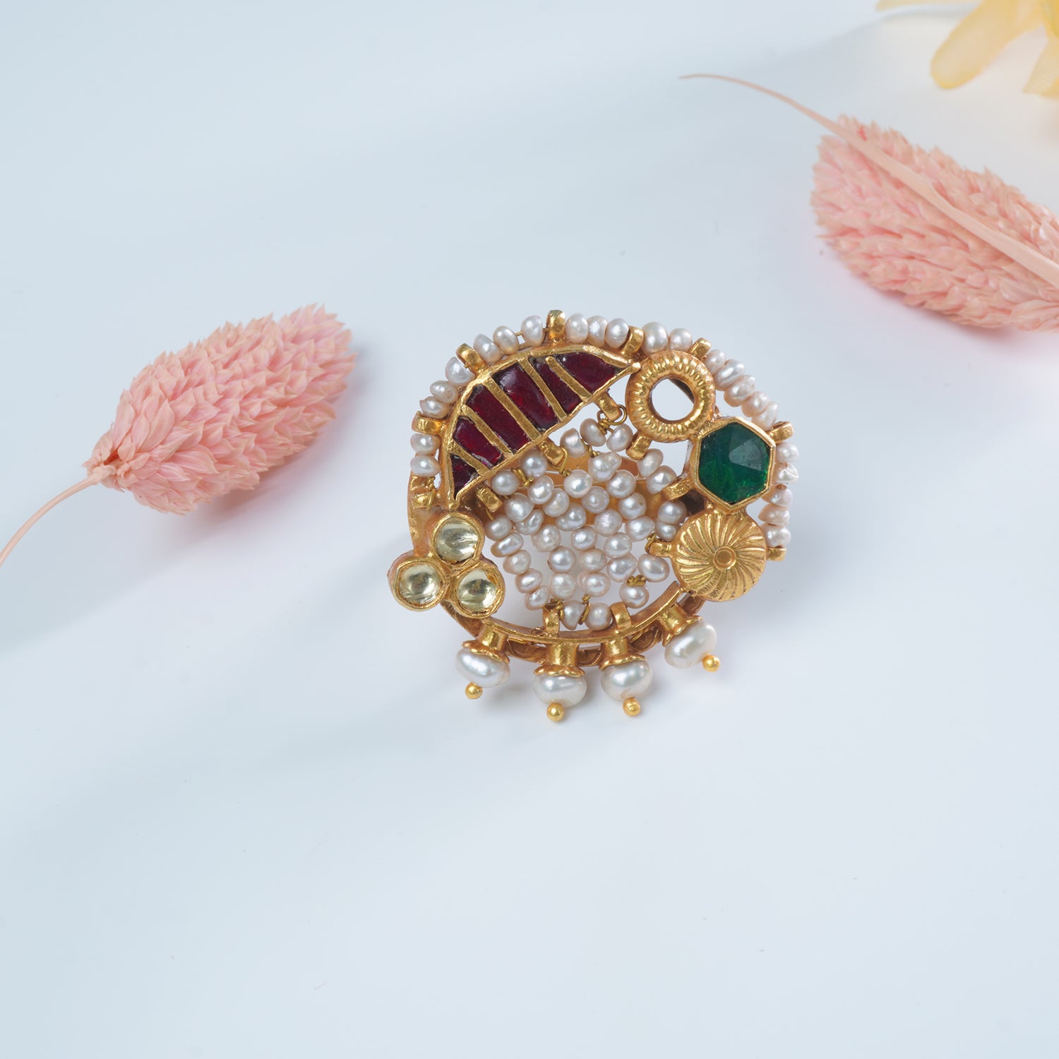 Silver Gold Plated Jadau Kundan Pearl Mania Ring