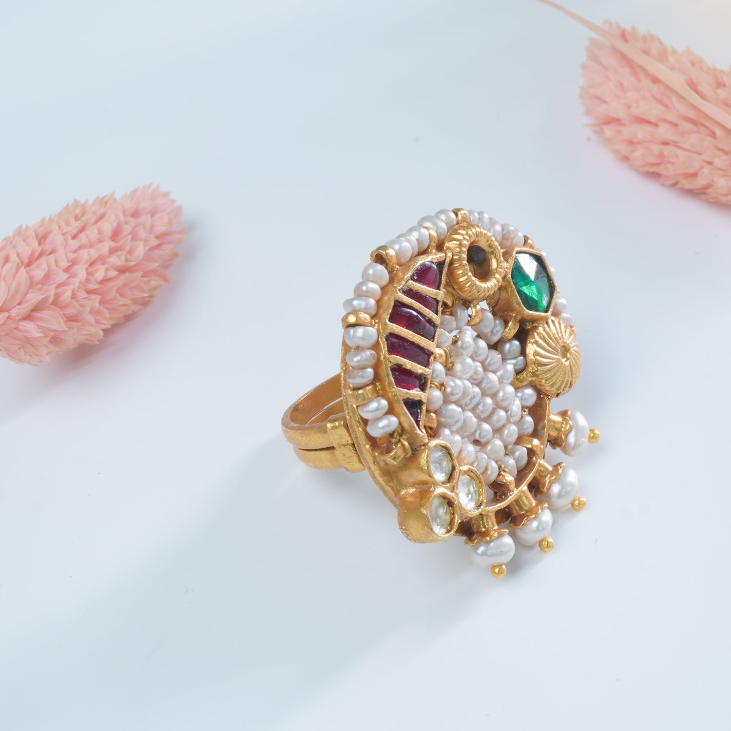 Silver Gold Plated Jadau Kundan Pearl Mania Ring