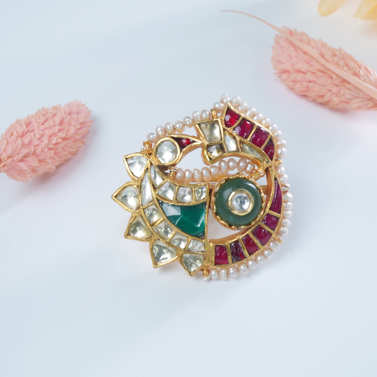 Silver Gold Plated Jadau Kundan Pearl Peacock Ring