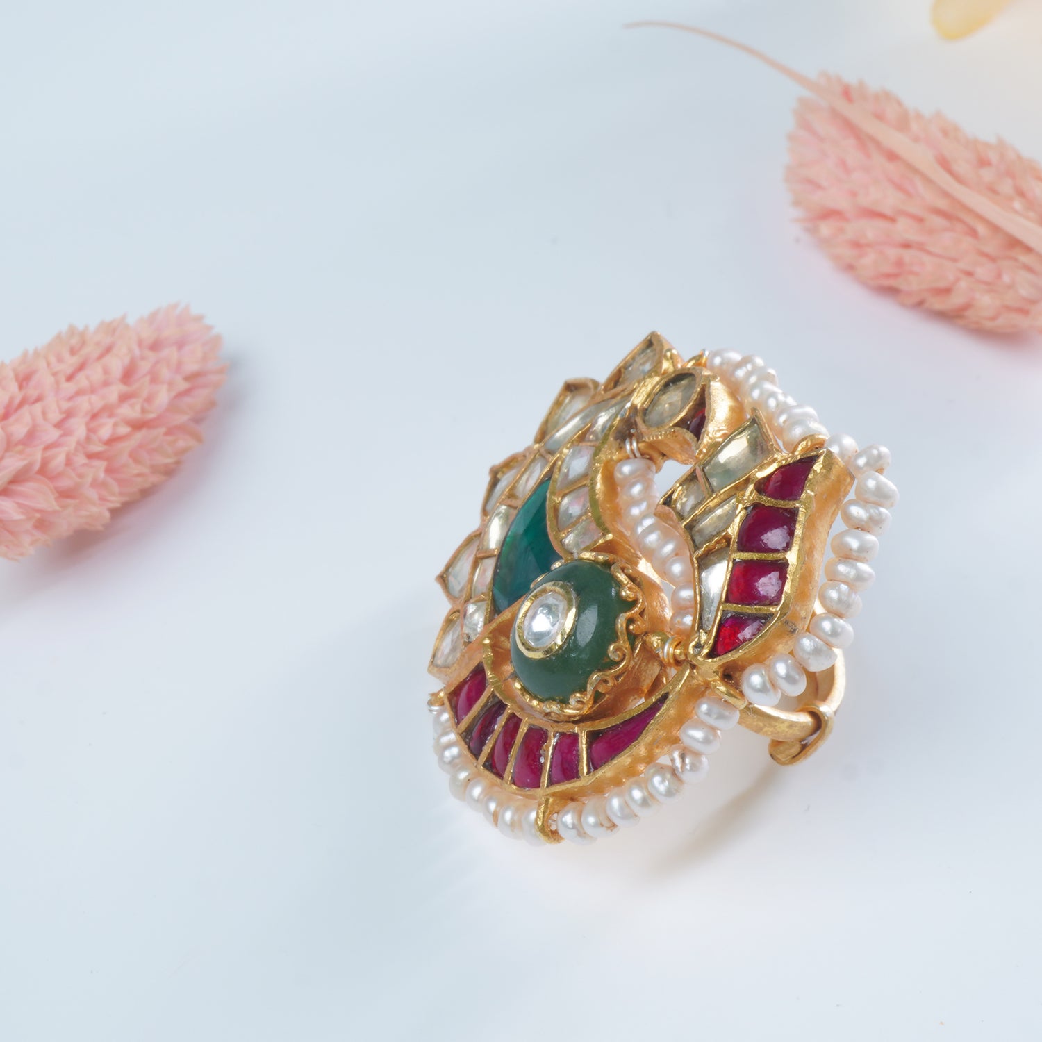 Silver Gold Plated Jadau Kundan Pearl Peacock Ring