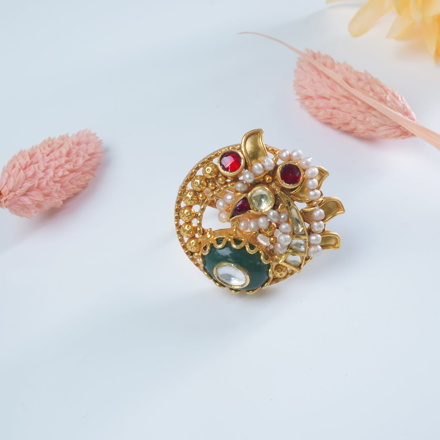 Silver Gold Plated Jadau Kundan Pearl Heritage Peacock Ring