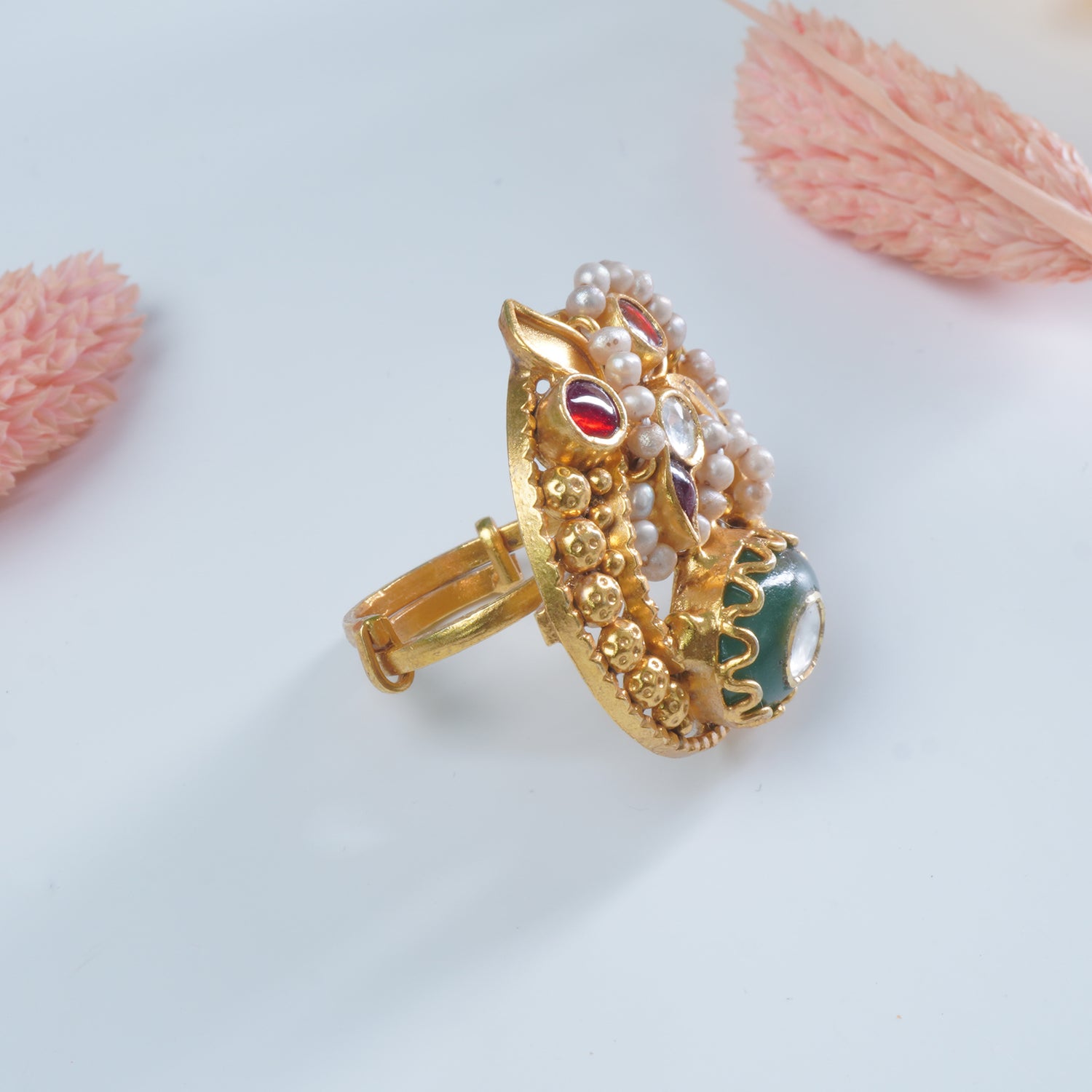 Silver Gold Plated Jadau Kundan Pearl Heritage Peacock Ring