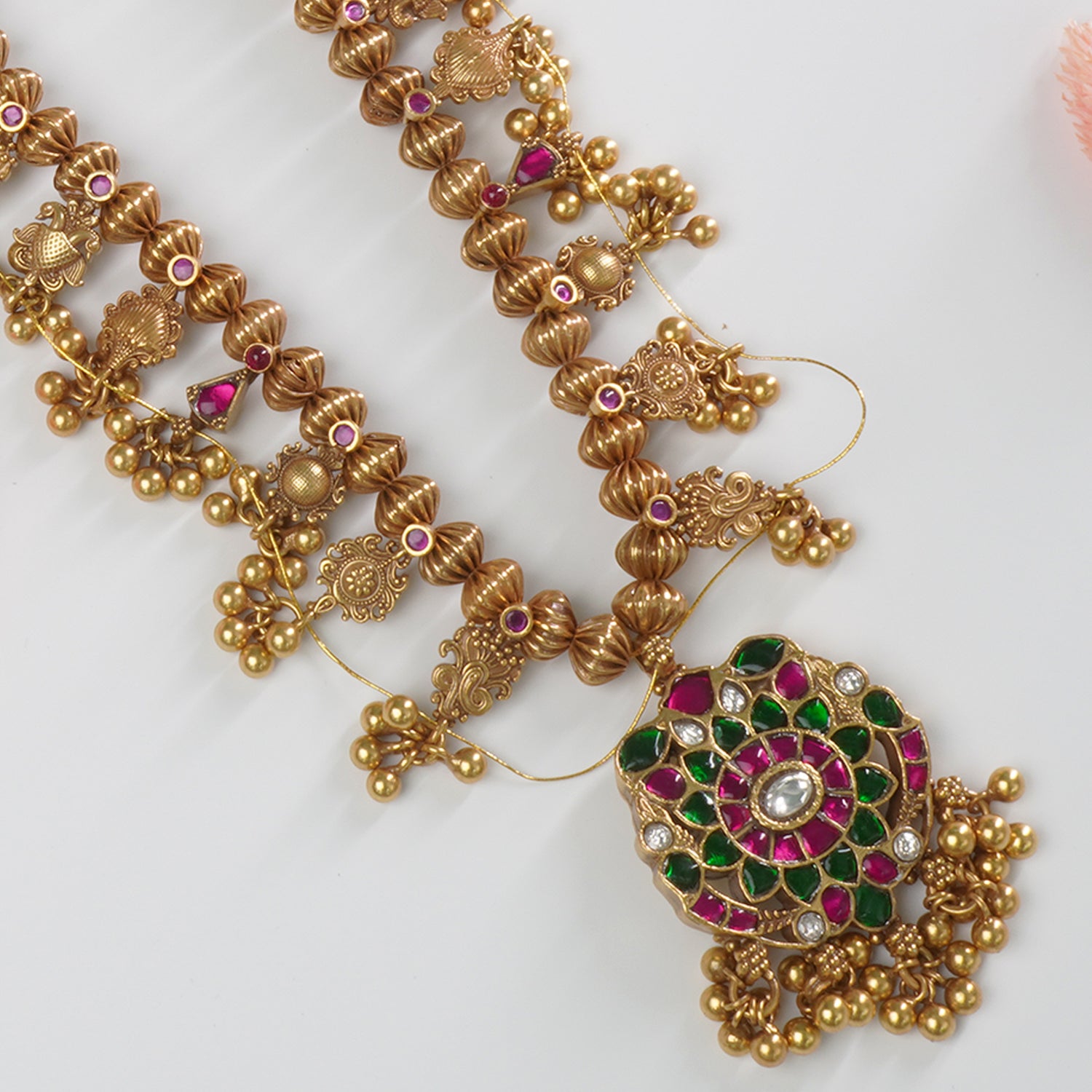 925 Silver Kolhapuri Saaj Antique Gold Finish With Kundan Pendant